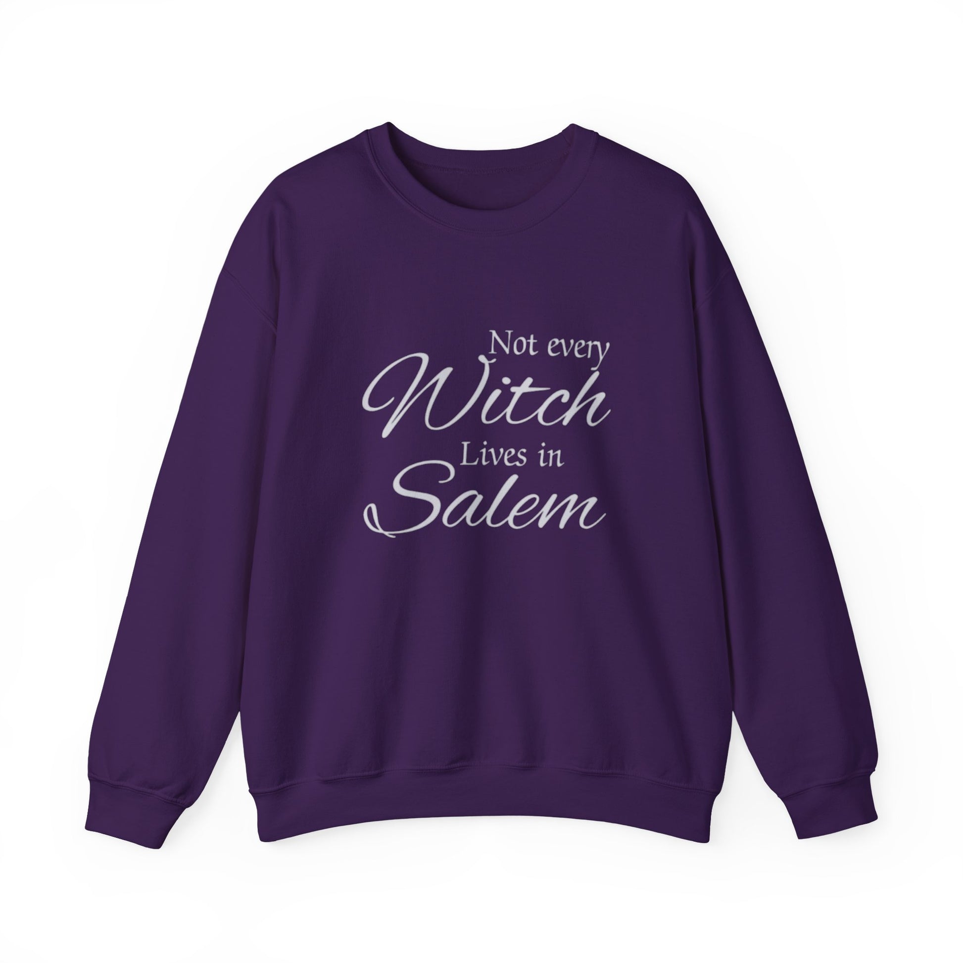 Purple sweatshirt with white text 'Not every Witch Lives in Salem' on a white background
