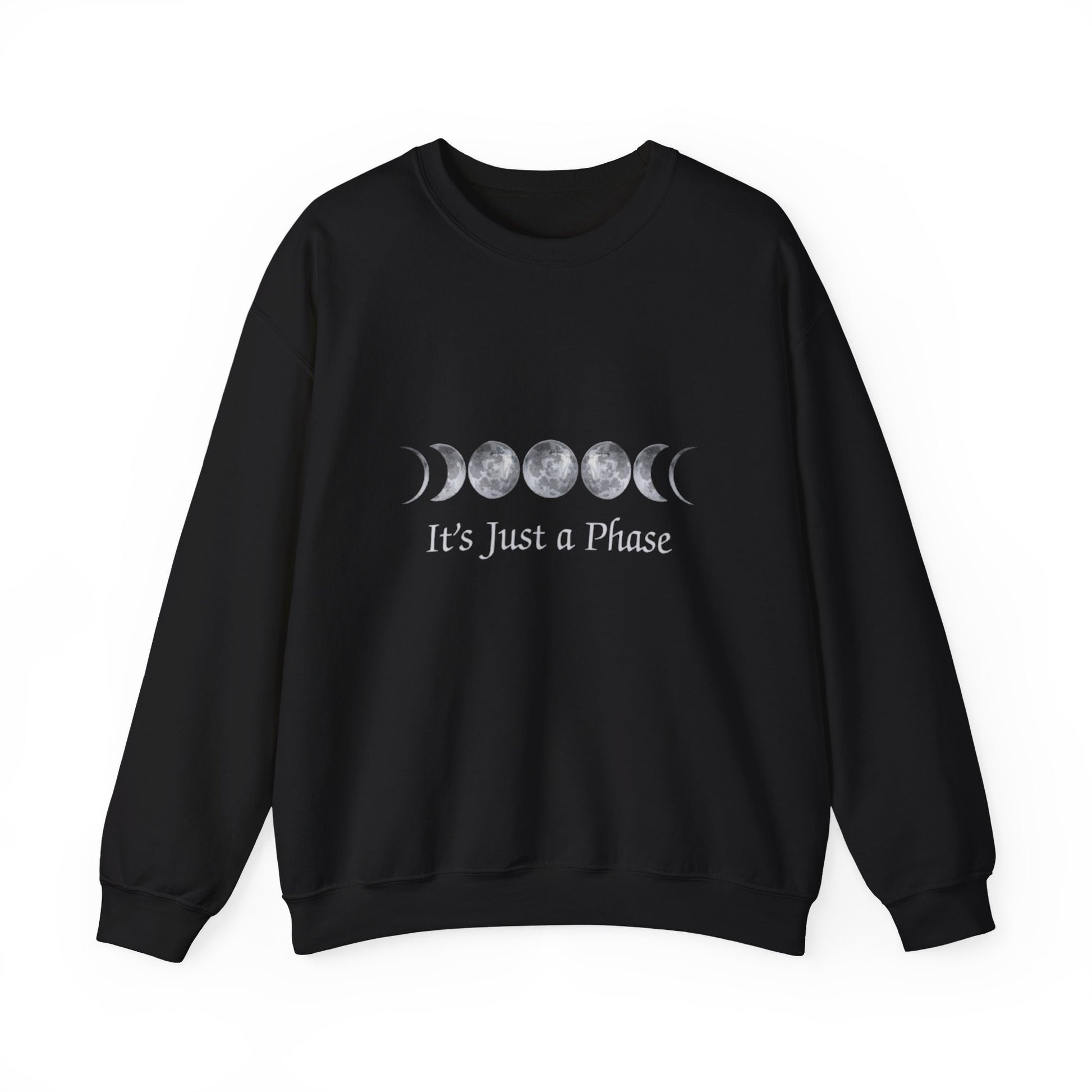 Black sweatshirt with moon phase design and 'It's Just a Phase' text on a white background