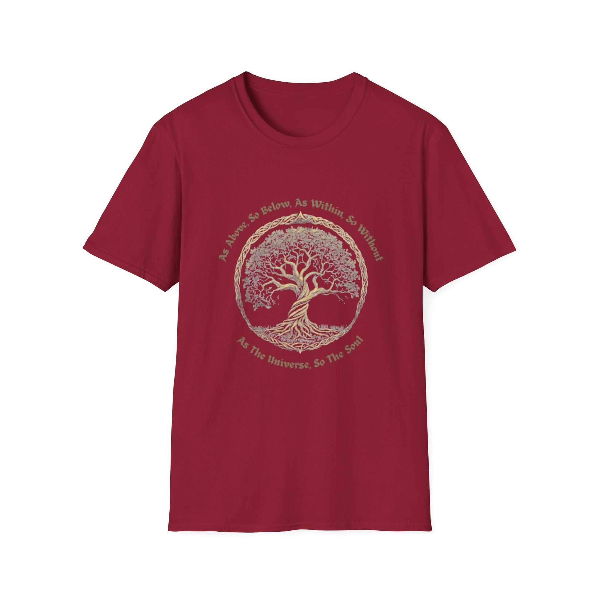 As Above, So Below, As Within, So Without T-Shirt with tree of life spiritual design on red cotton fabric.