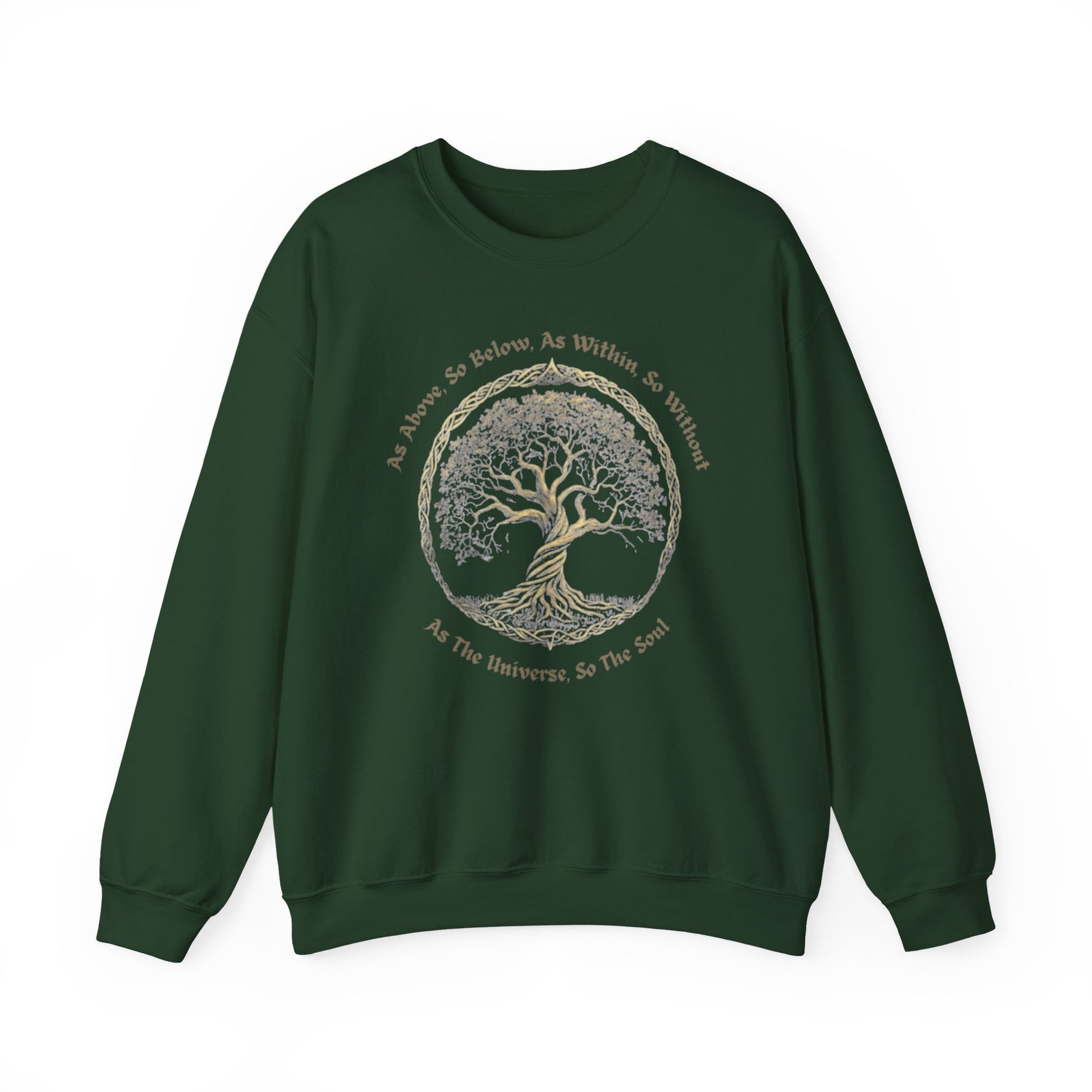 Green sweatshirt with a tree design and text on a white background