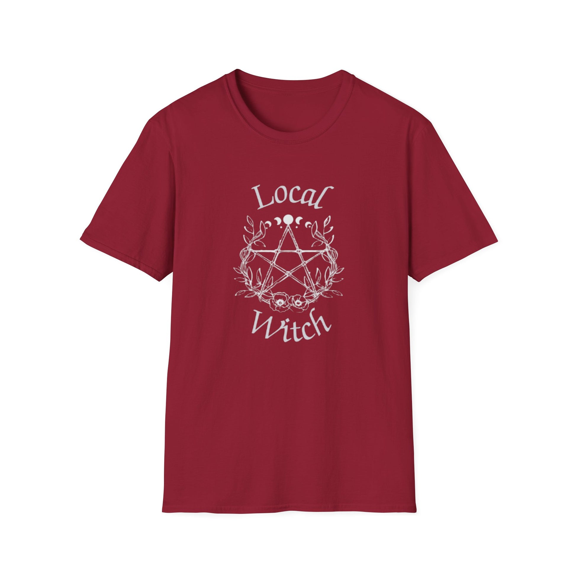 Red t-shirt with 'Local Witch' design on a white background