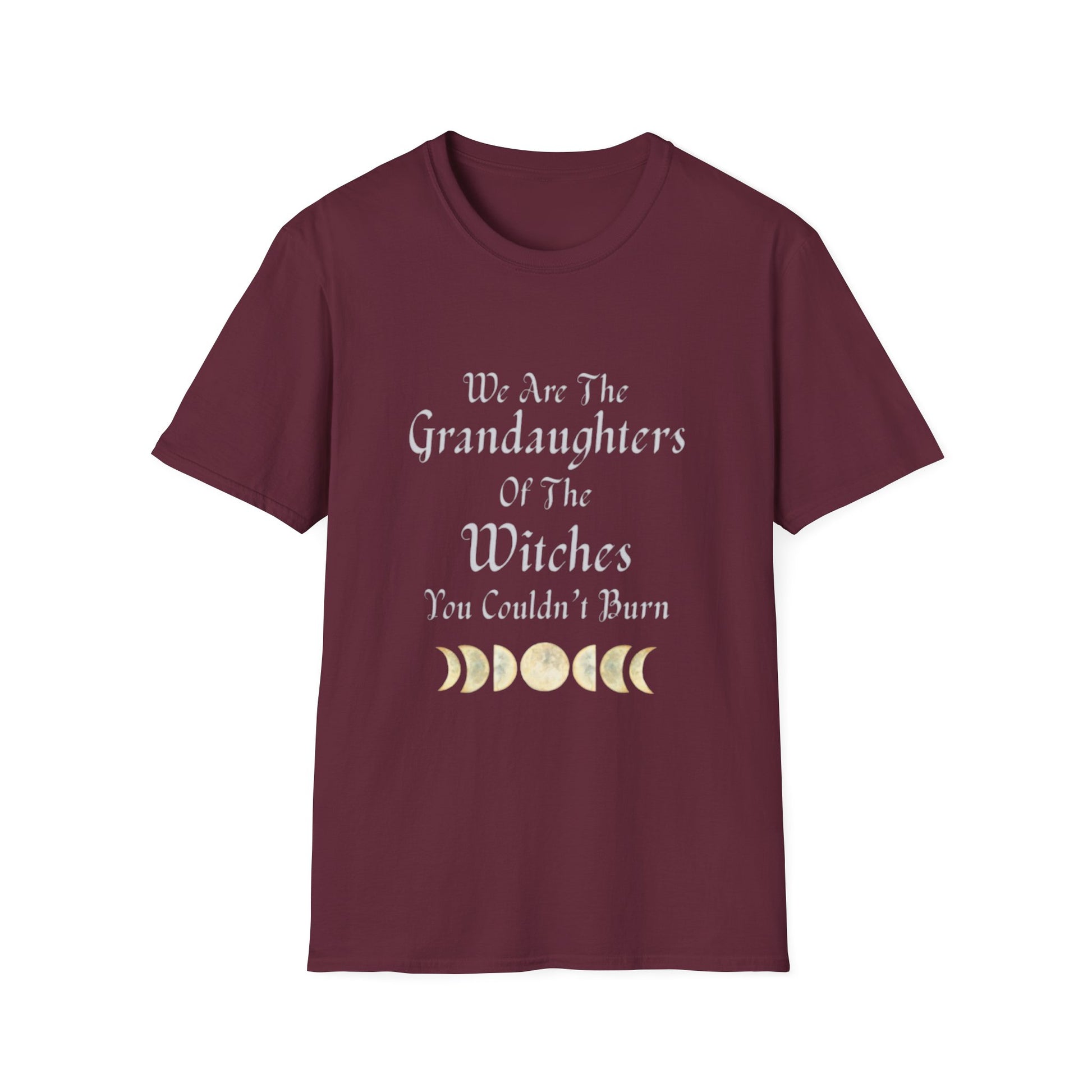 Maroon t-shirt with text and moon phases on a white background