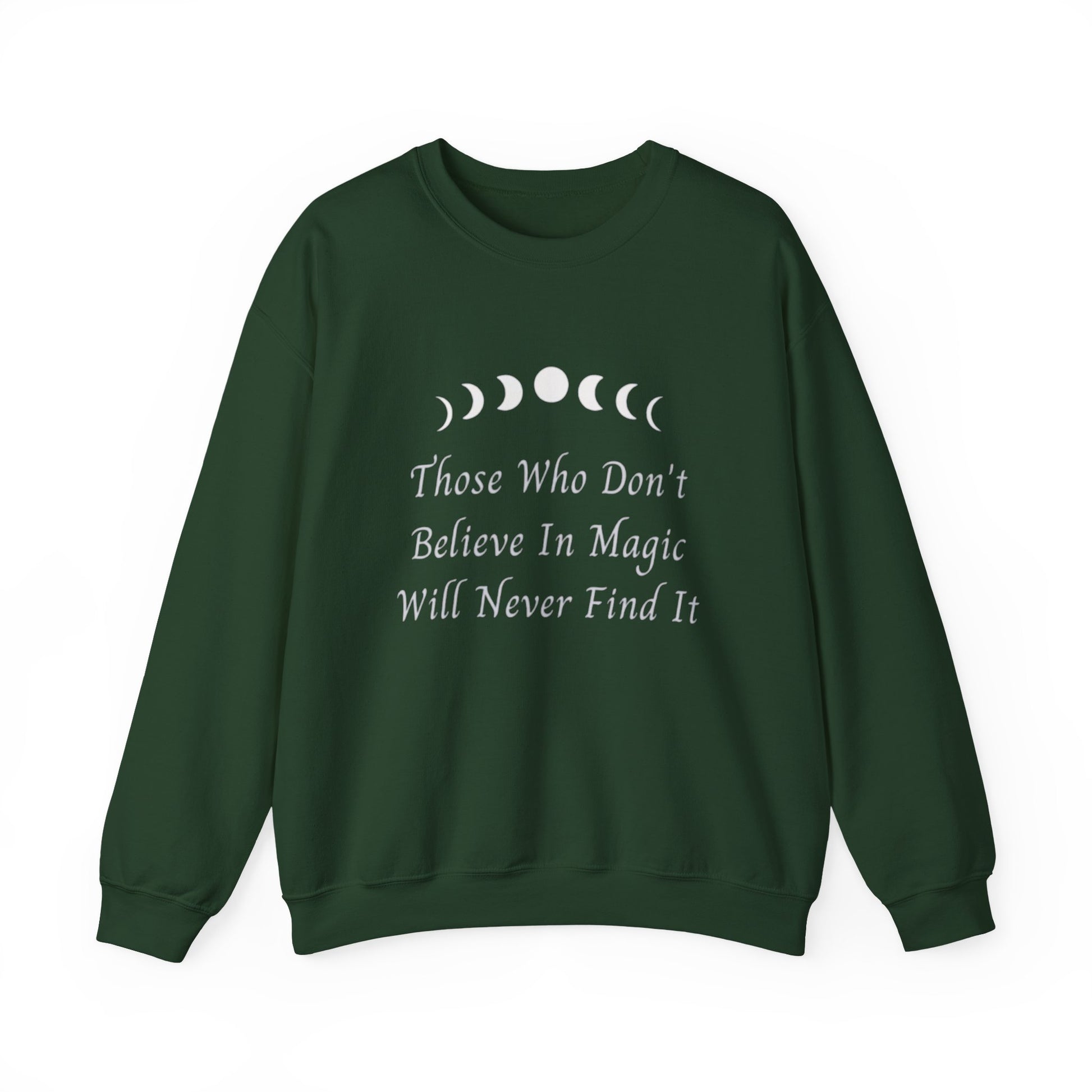 Green sweatshirt with moon phases and text on a white background