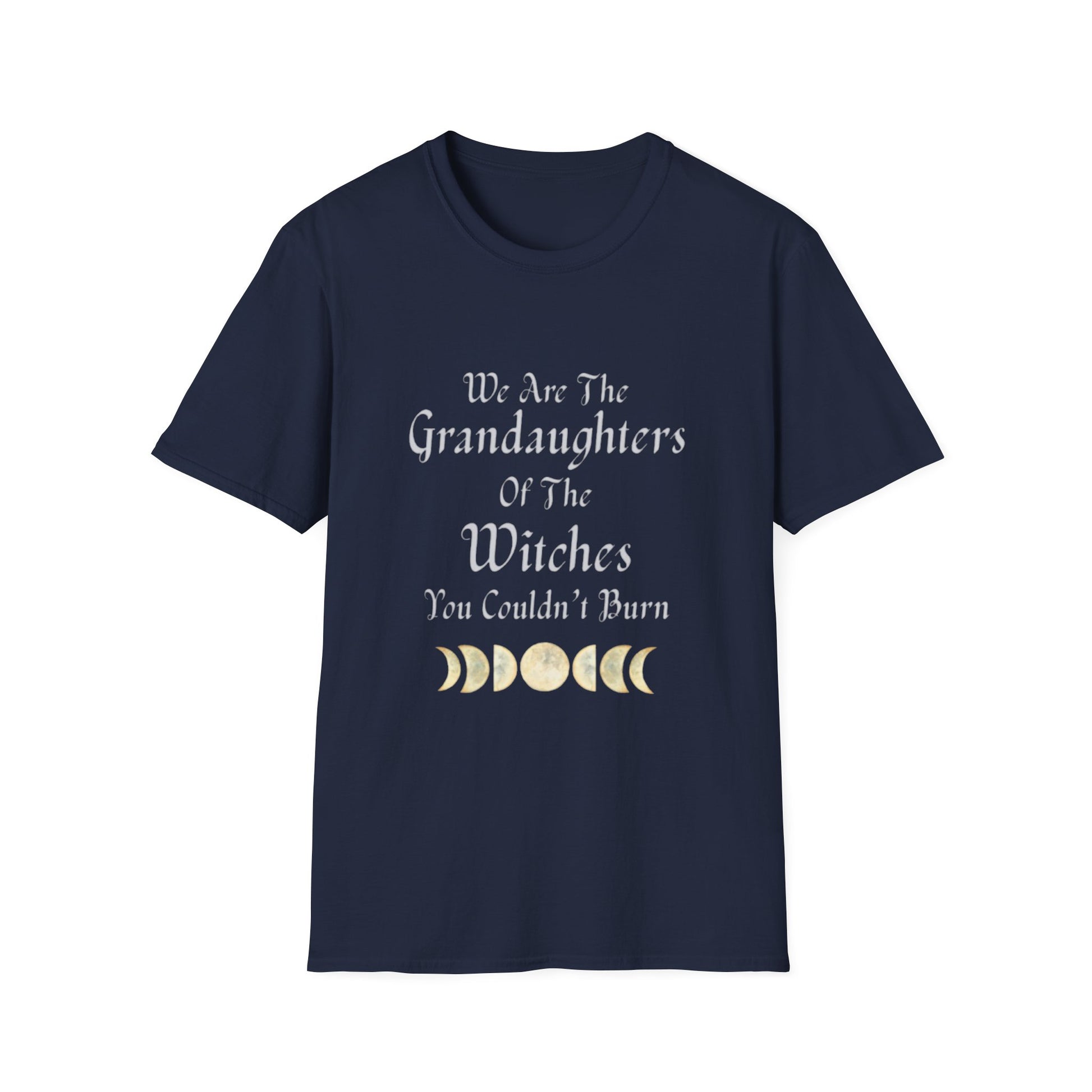 Navy blue t-shirt with white text and gold moon phases on a white background