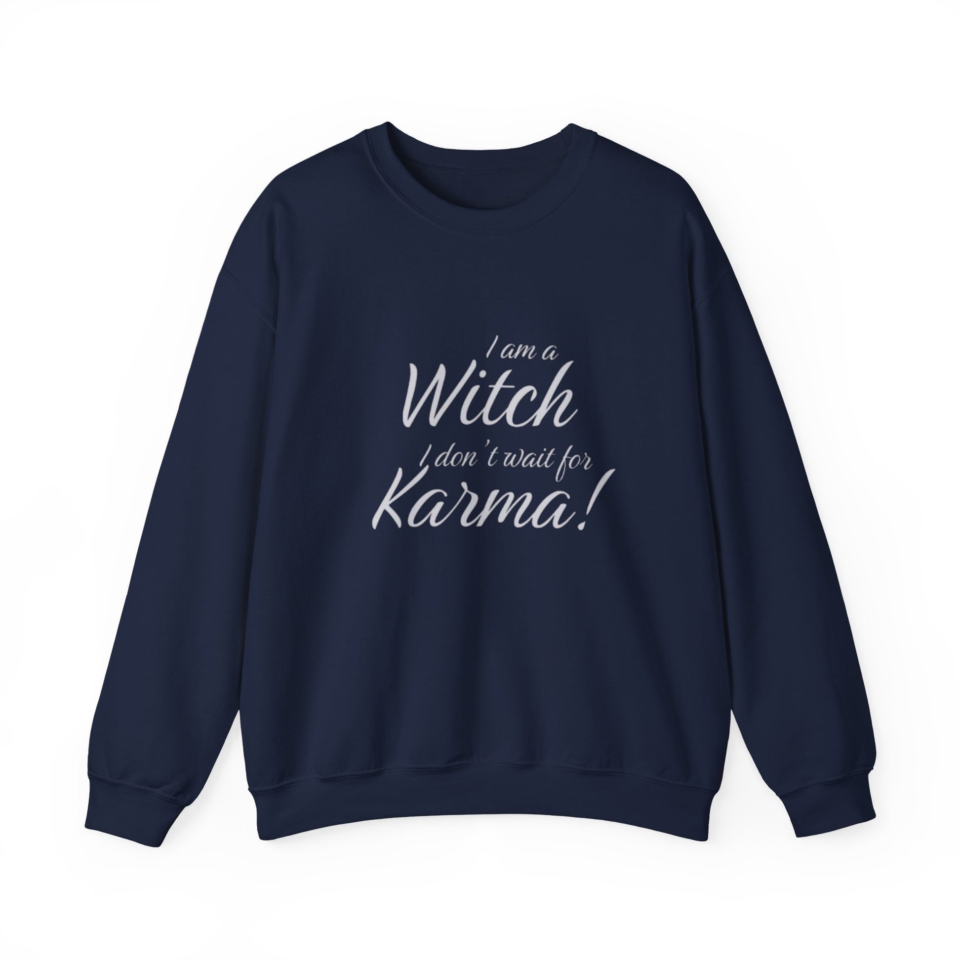 Navy blue sweatshirt with white text on a white background