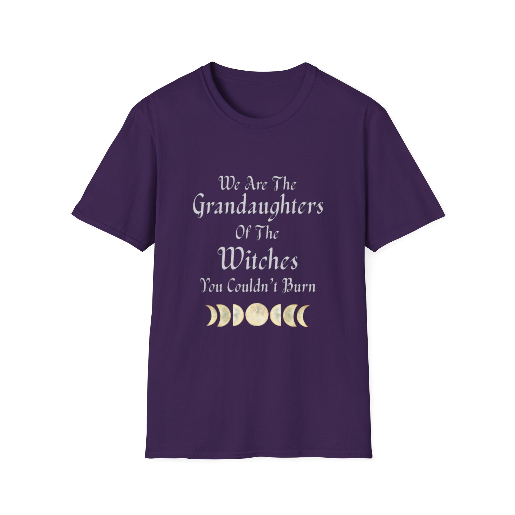 Purple t-shirt with text and moon phases on a white background