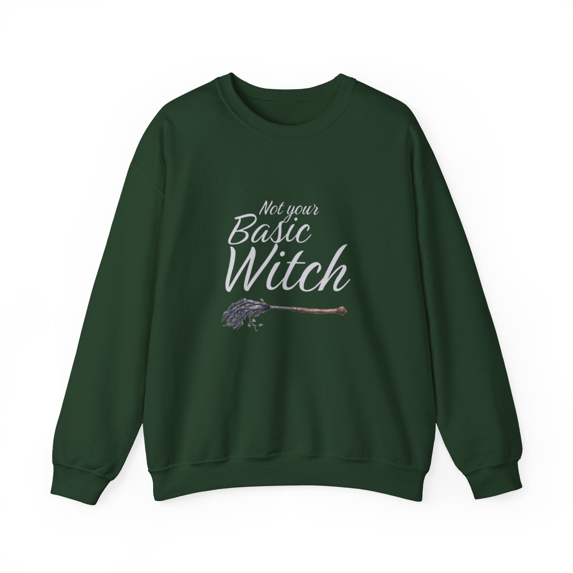 Green sweatshirt with 'Not your Basic Witch' text and broom graphic on a white background