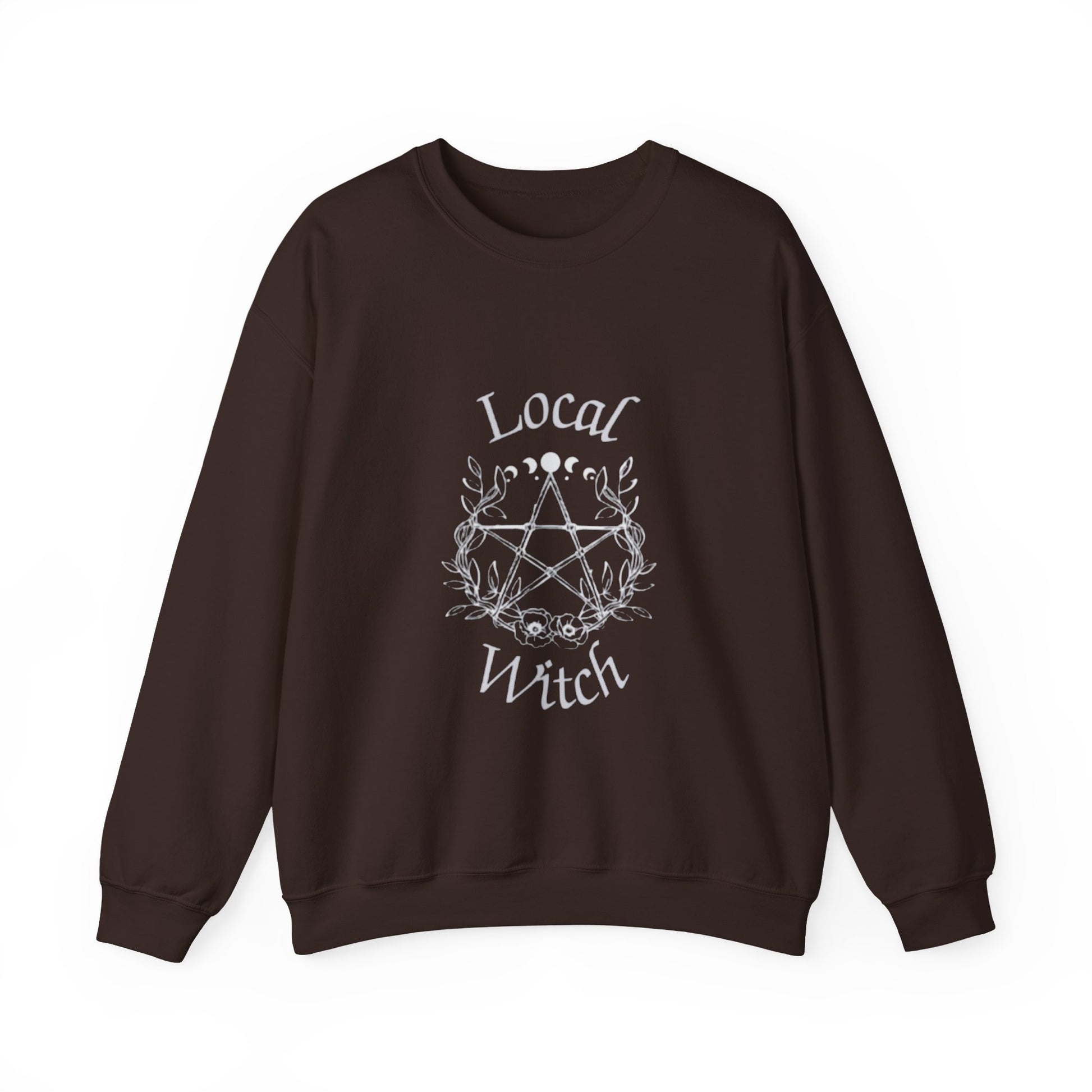 Brown sweatshirt with 'Local Witch' text and pentacle design on a white background
