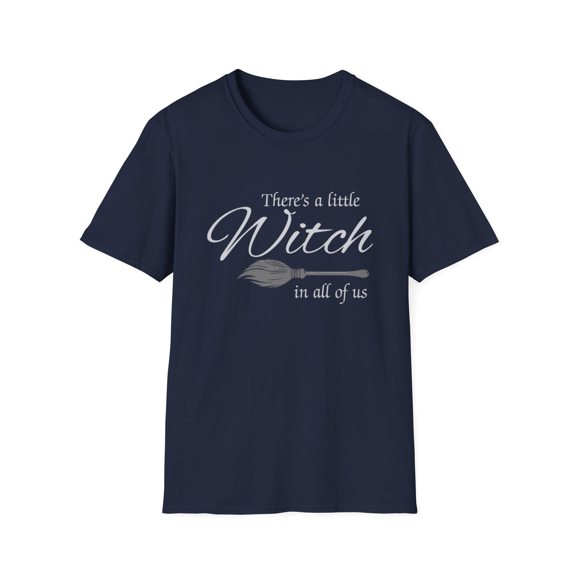 Navy blue t-shirt with white text and broom graphic on a white background