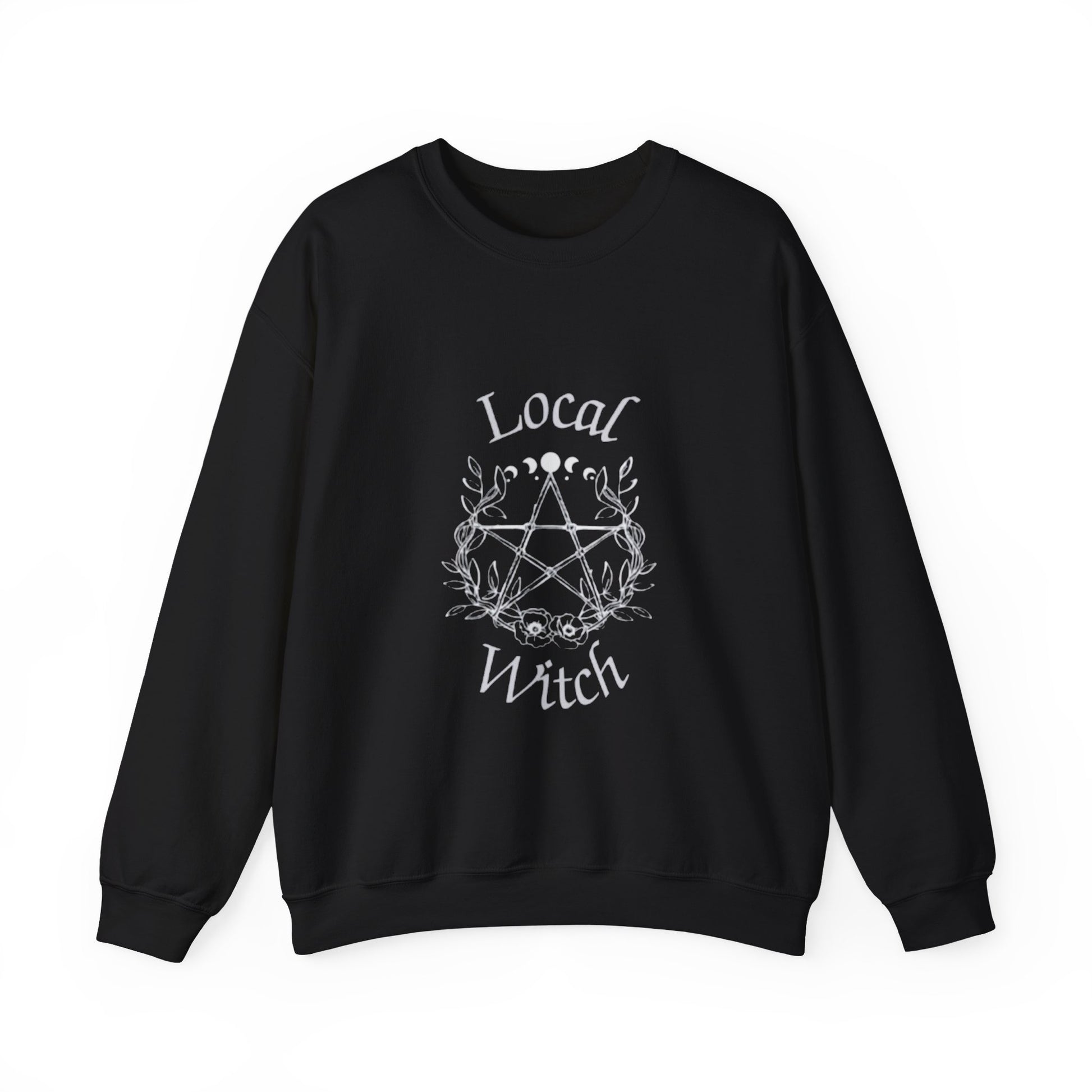 Black sweatshirt with 'Local Witch' text and pentagram design on a white background