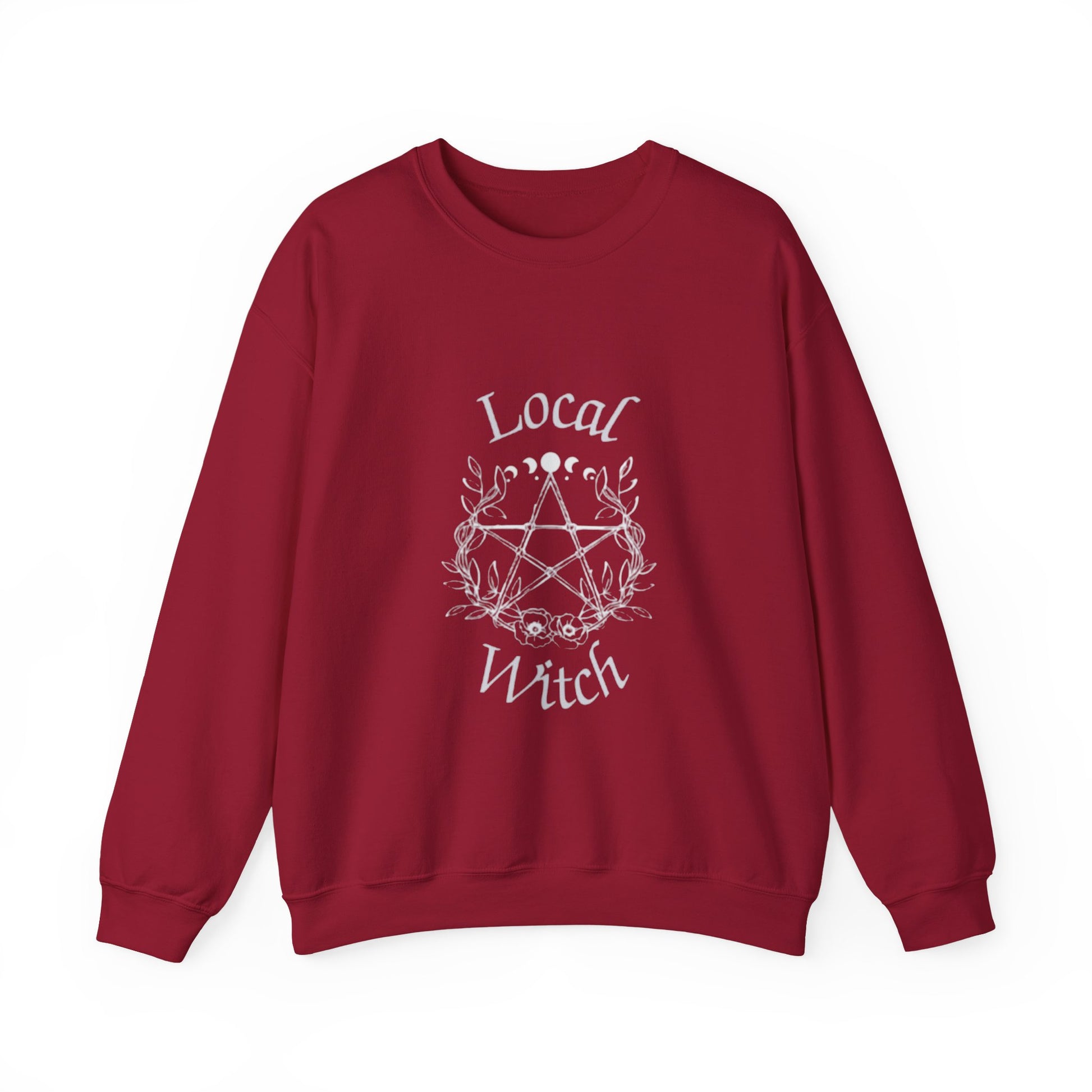 Red sweatshirt with 'Local Witch' and pentagram design on a white background