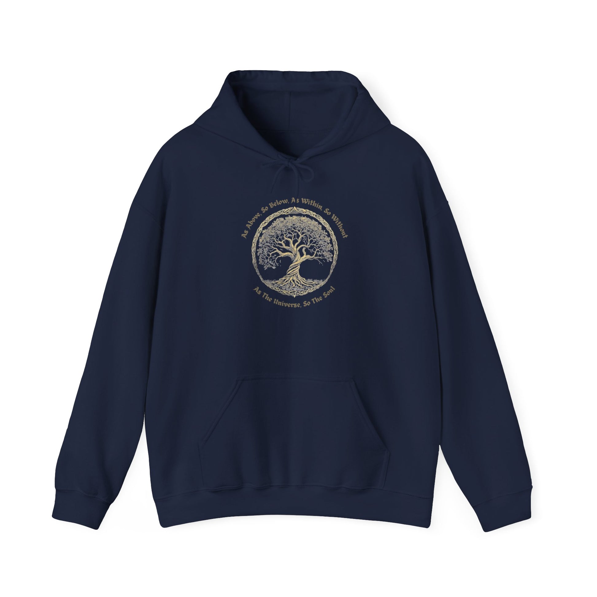 Navy blue hoodie with a tree design on a white background