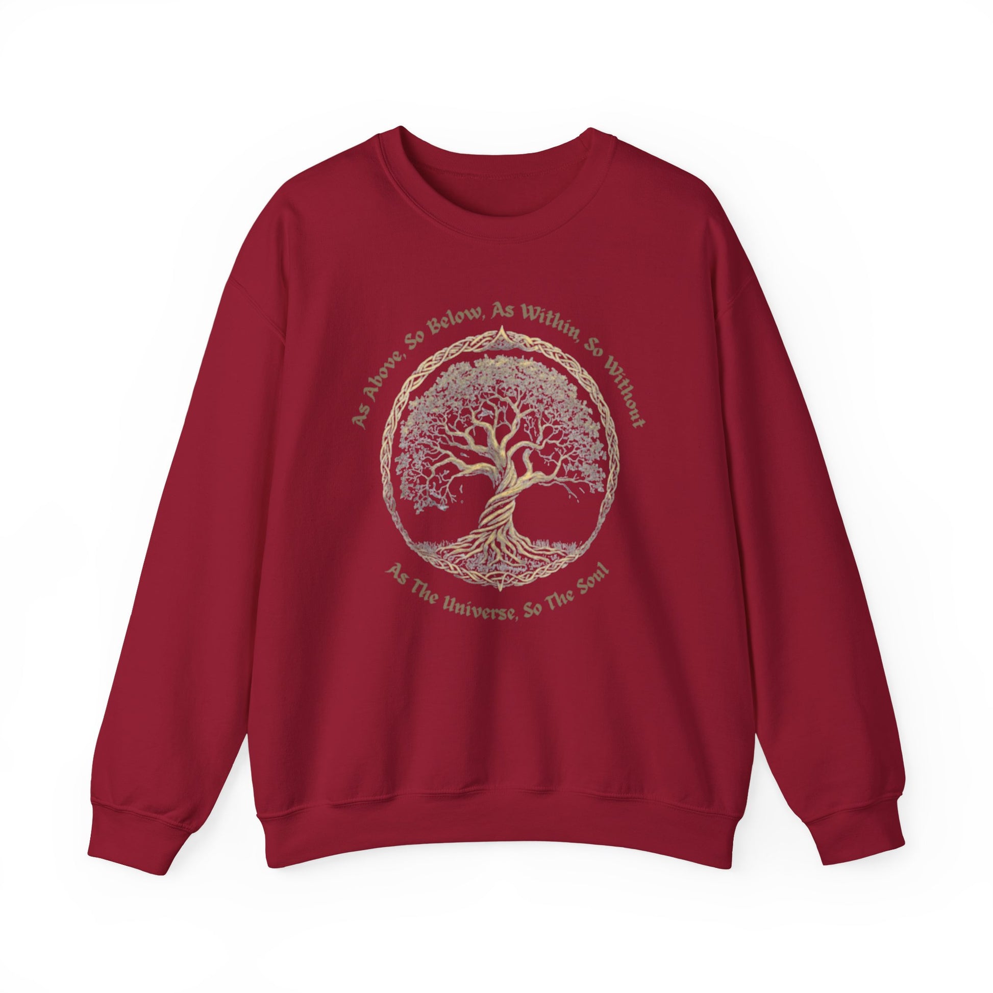 Red sweatshirt with a tree design and text on a white background