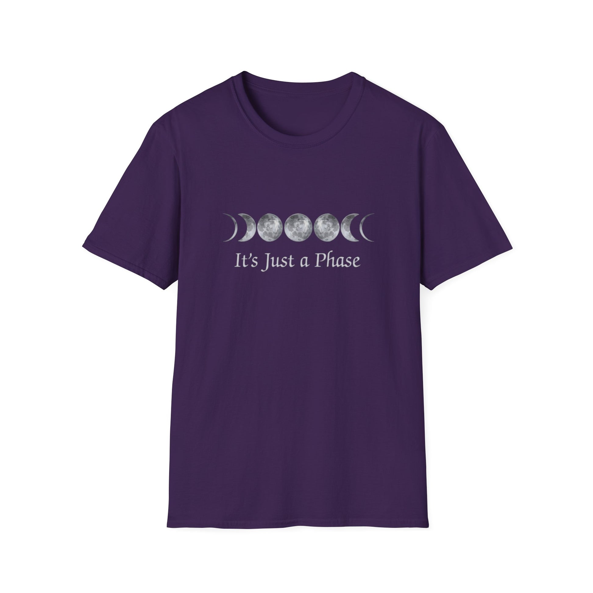 Purple t-shirt featuring moon phases and the text "It's Just a Phase" in a stylish font, It's Just a Phase T-Shirt.