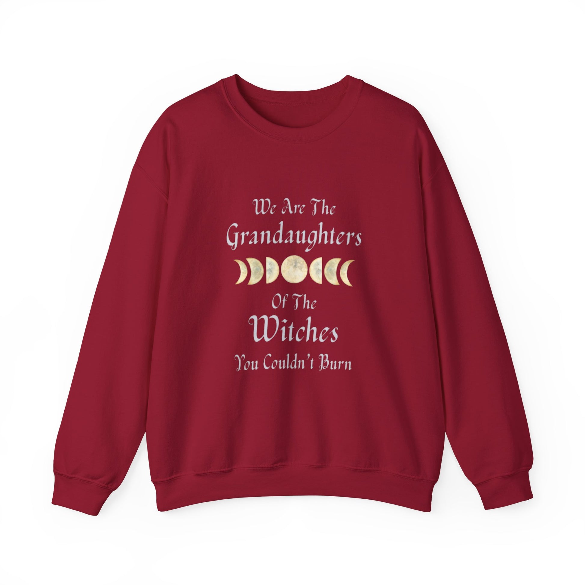 Red sweatshirt with text and moon phases on a white background