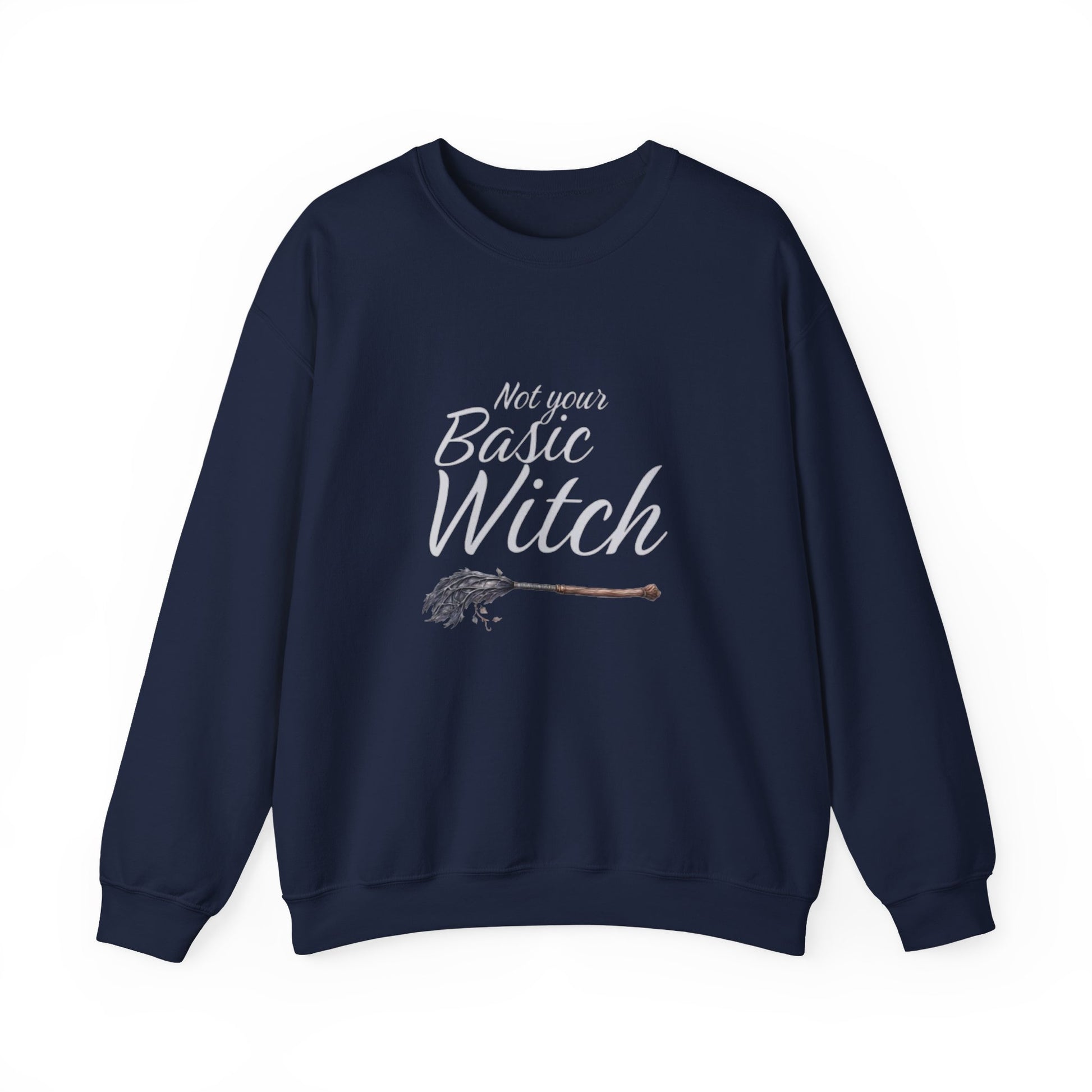 Navy blue sweatshirt with 'Not your Basic Witch' text and broom graphic on a white background