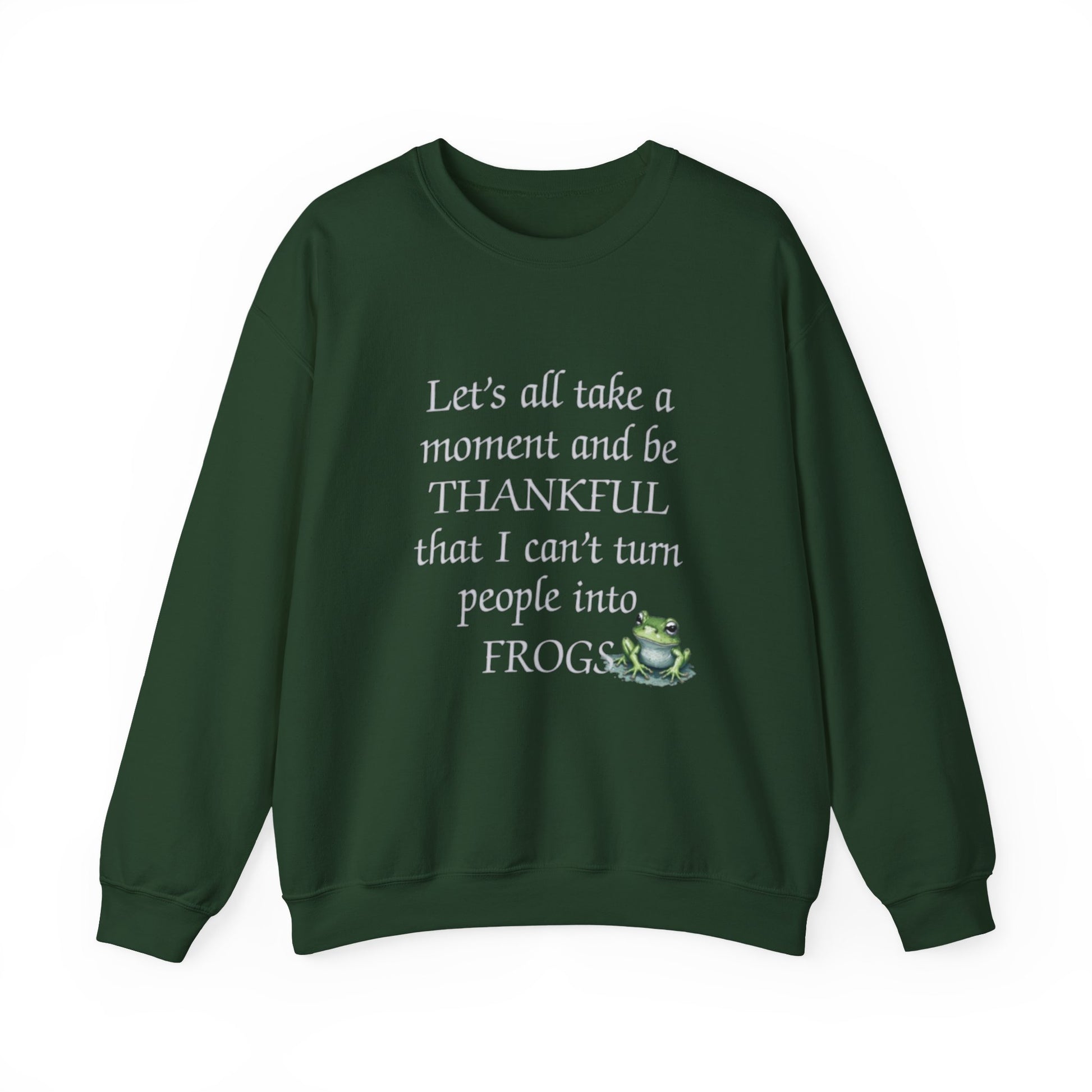 Green sweatshirt with text and frog graphic on a white background