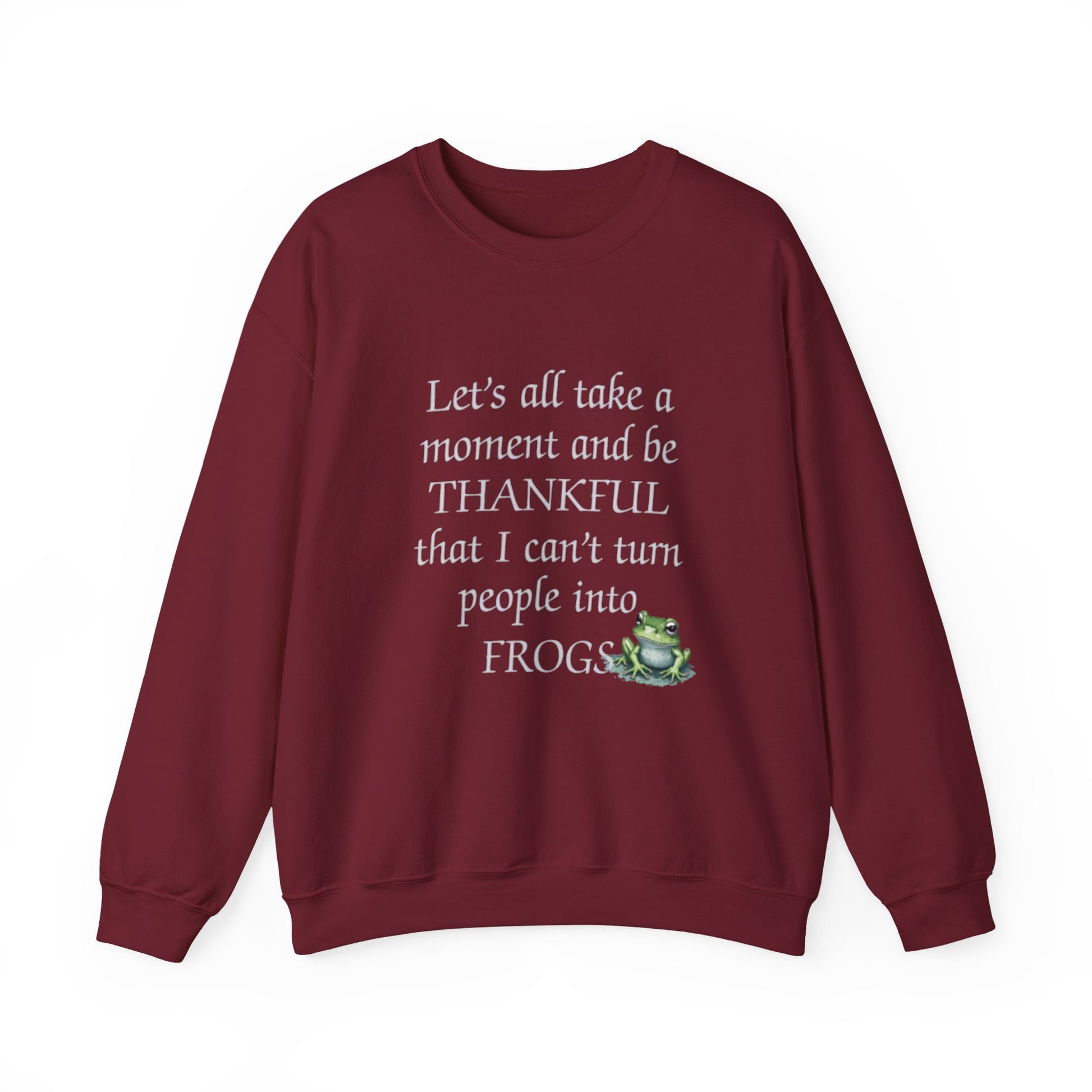 Maroon sweatshirt with humorous text and frog graphic on a white background