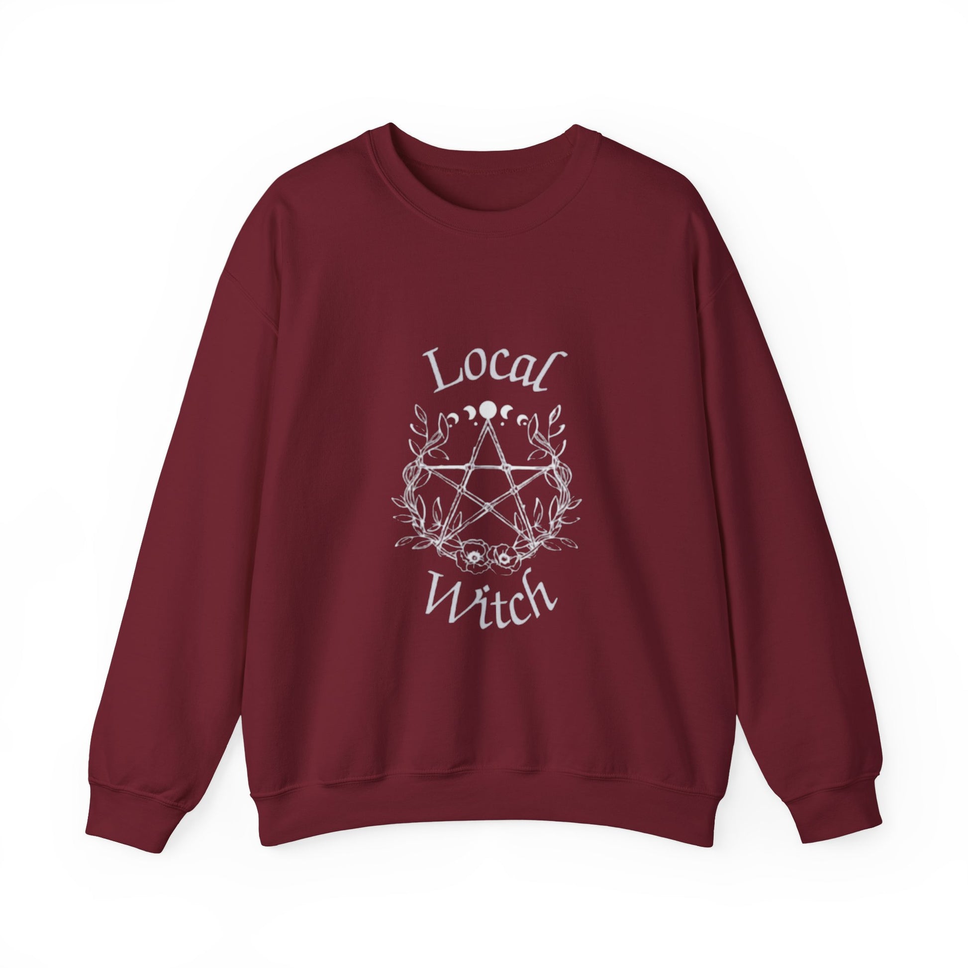 Maroon sweatshirt with 'Local Witch' print on a white background
