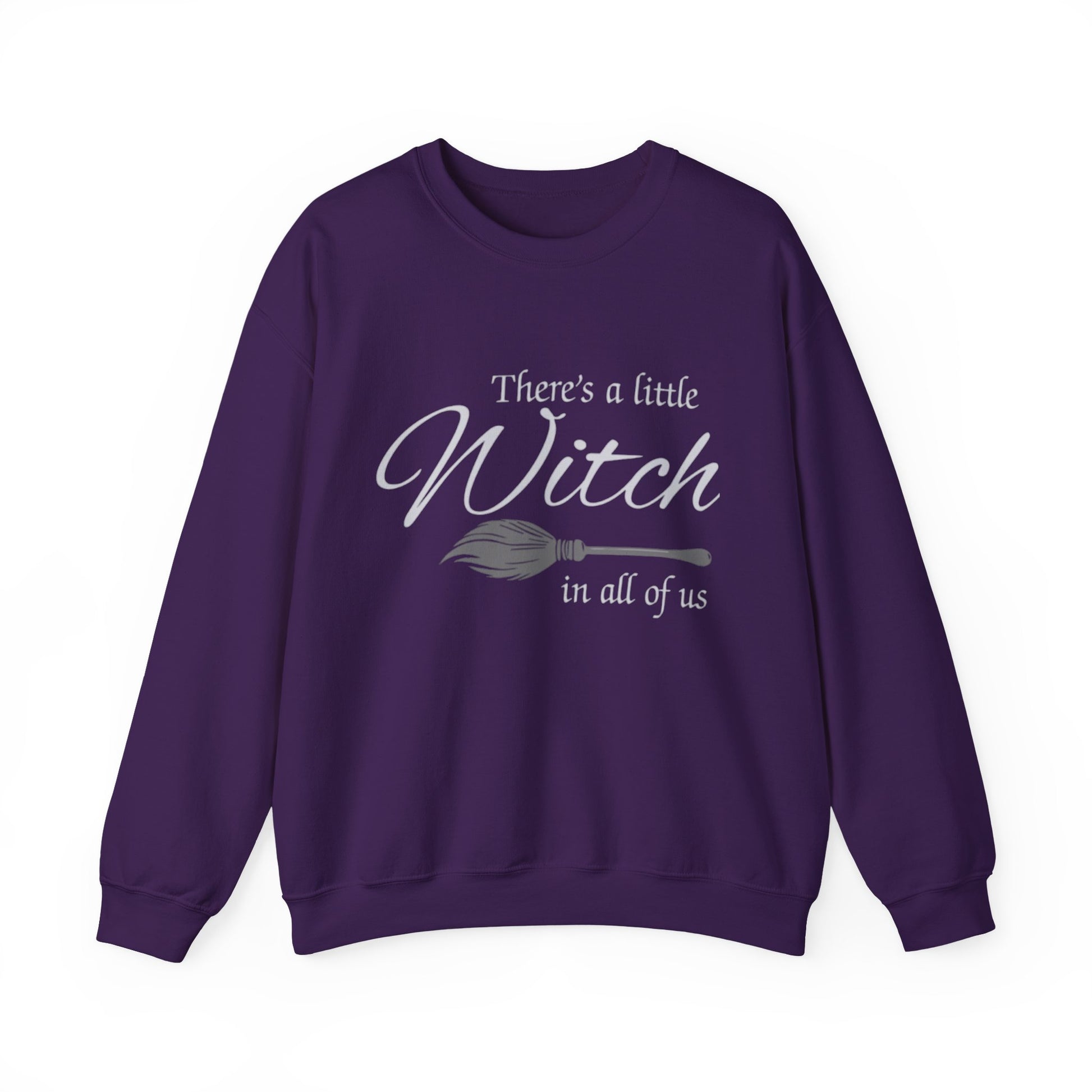 Purple sweatshirt with text and broom graphic on a white background
