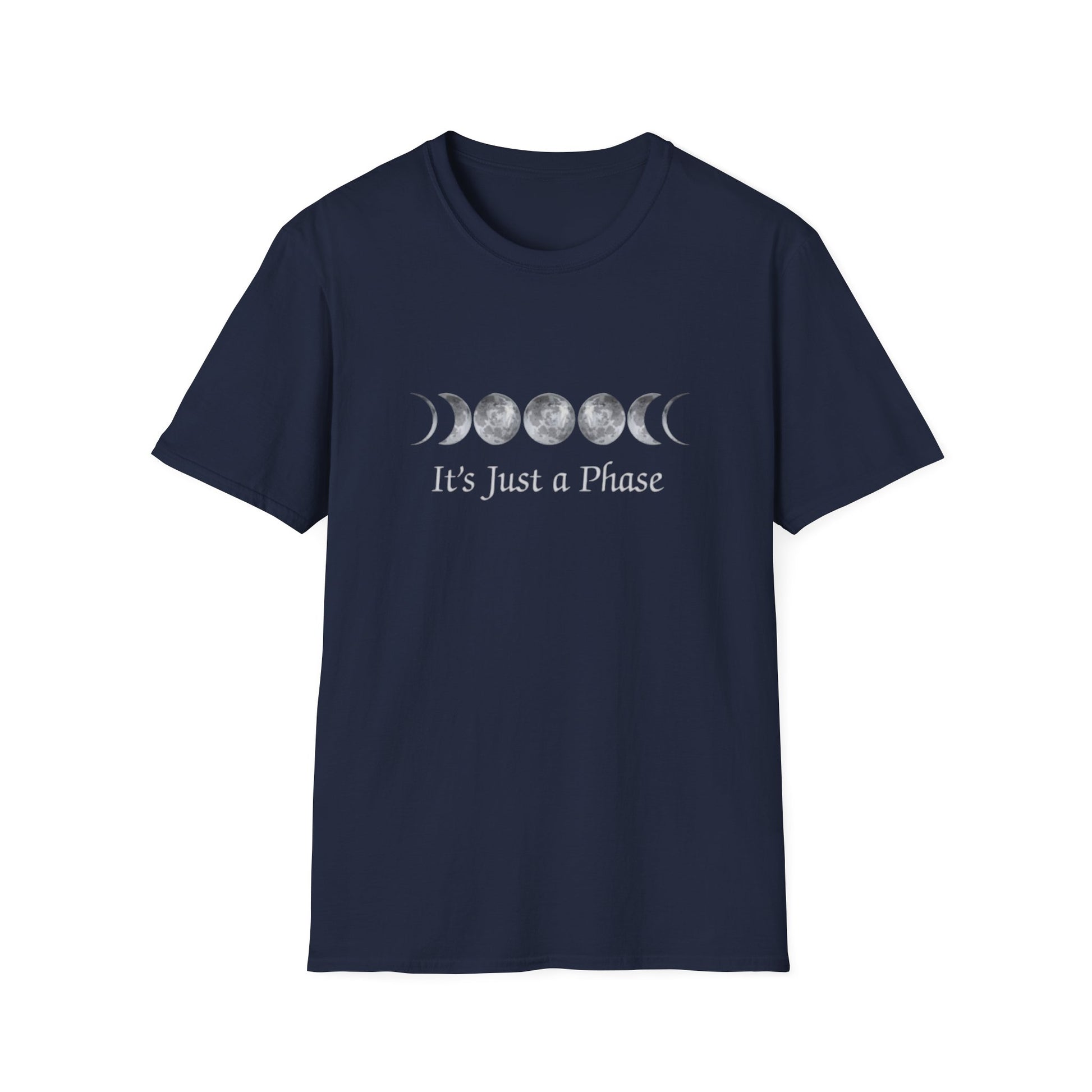 It's Just a Phase T-Shirt with eight moon phases design on a navy blue soft cotton blend tee.