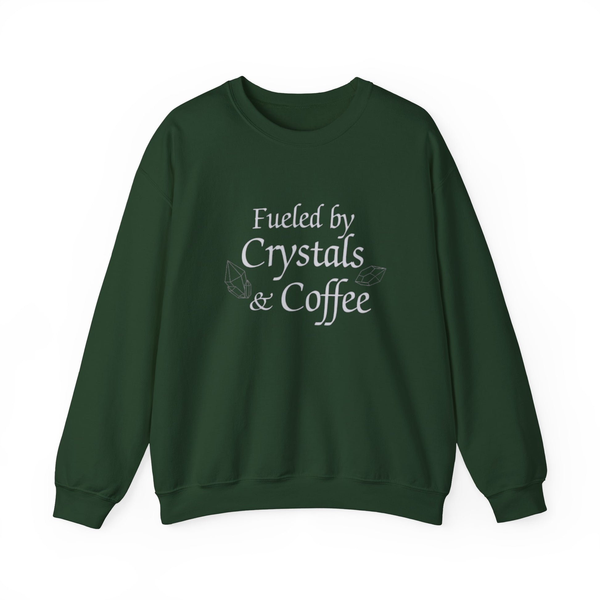 Green sweatshirt with 'Fueled by Crystals & Coffee' text on a white background