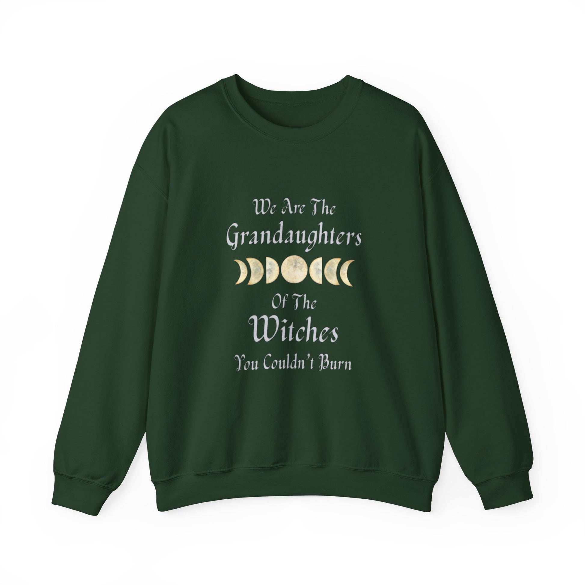 Green sweatshirt with text and moon phases on a white background