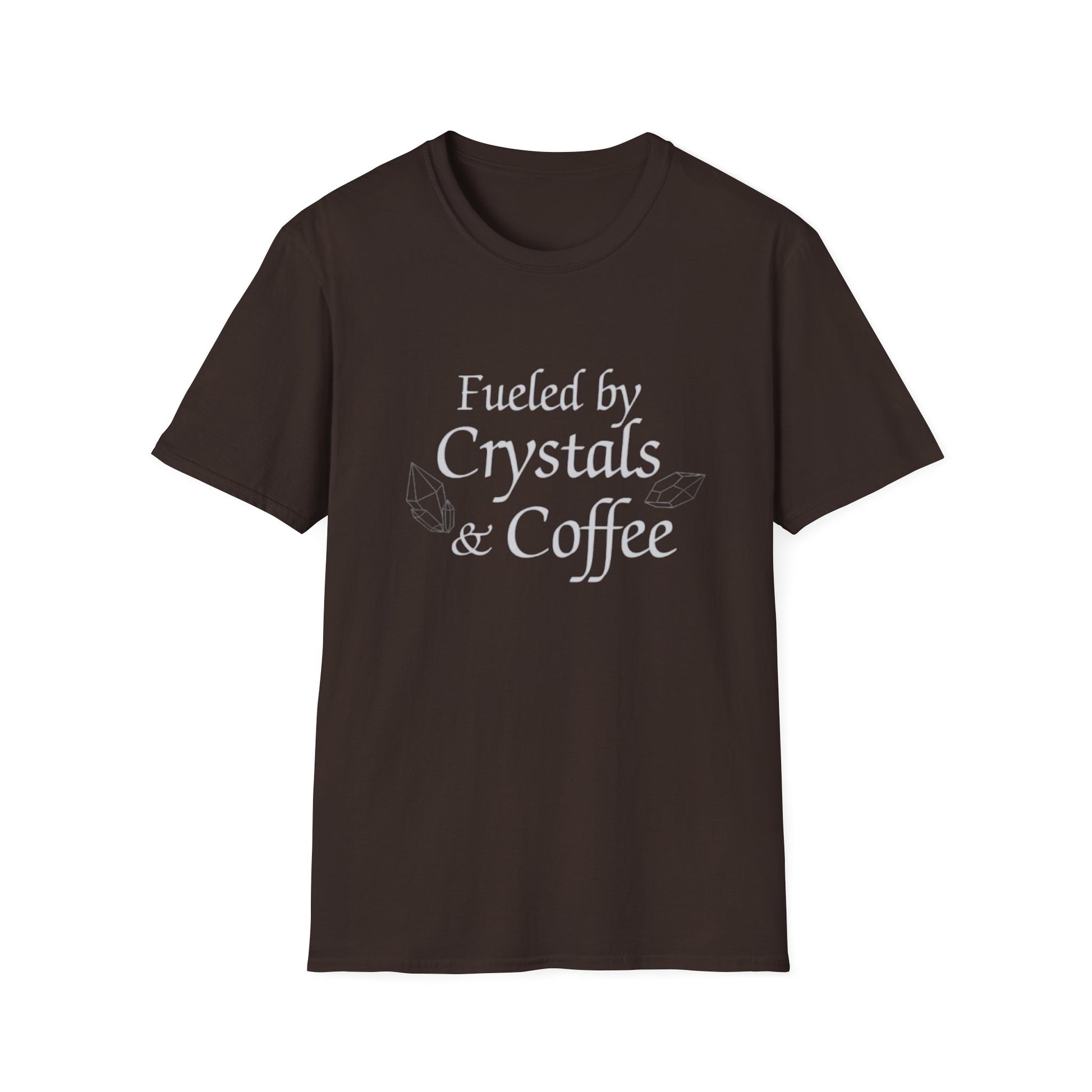 Black t-shirt with white text "Fueled by Crystals & Coffee" and crystal illustrations, Fueled by Crystals & Coffee T-Shirt.
