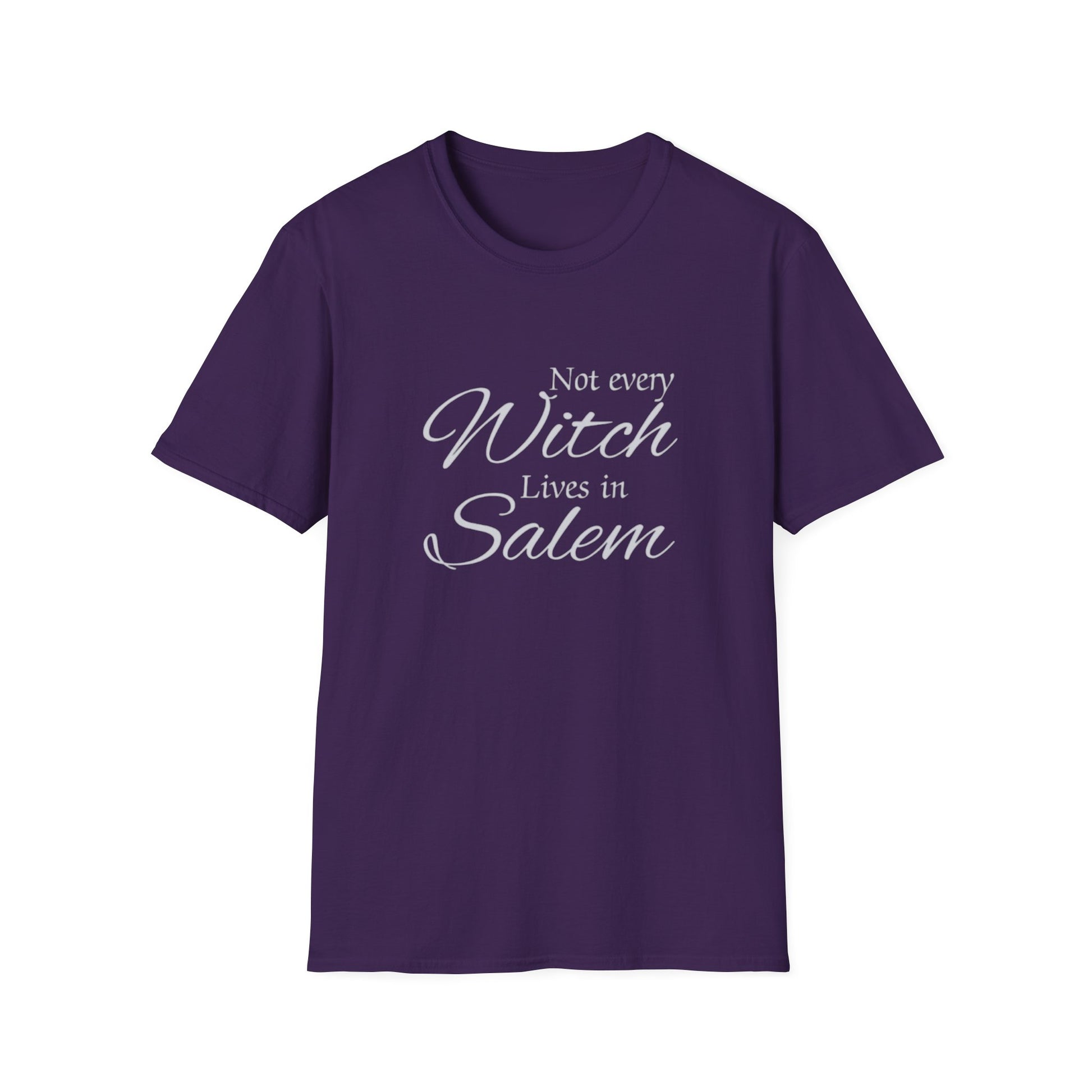 Purple t-shirt with white text 'Not every Witch Lives in Salem' on a white background