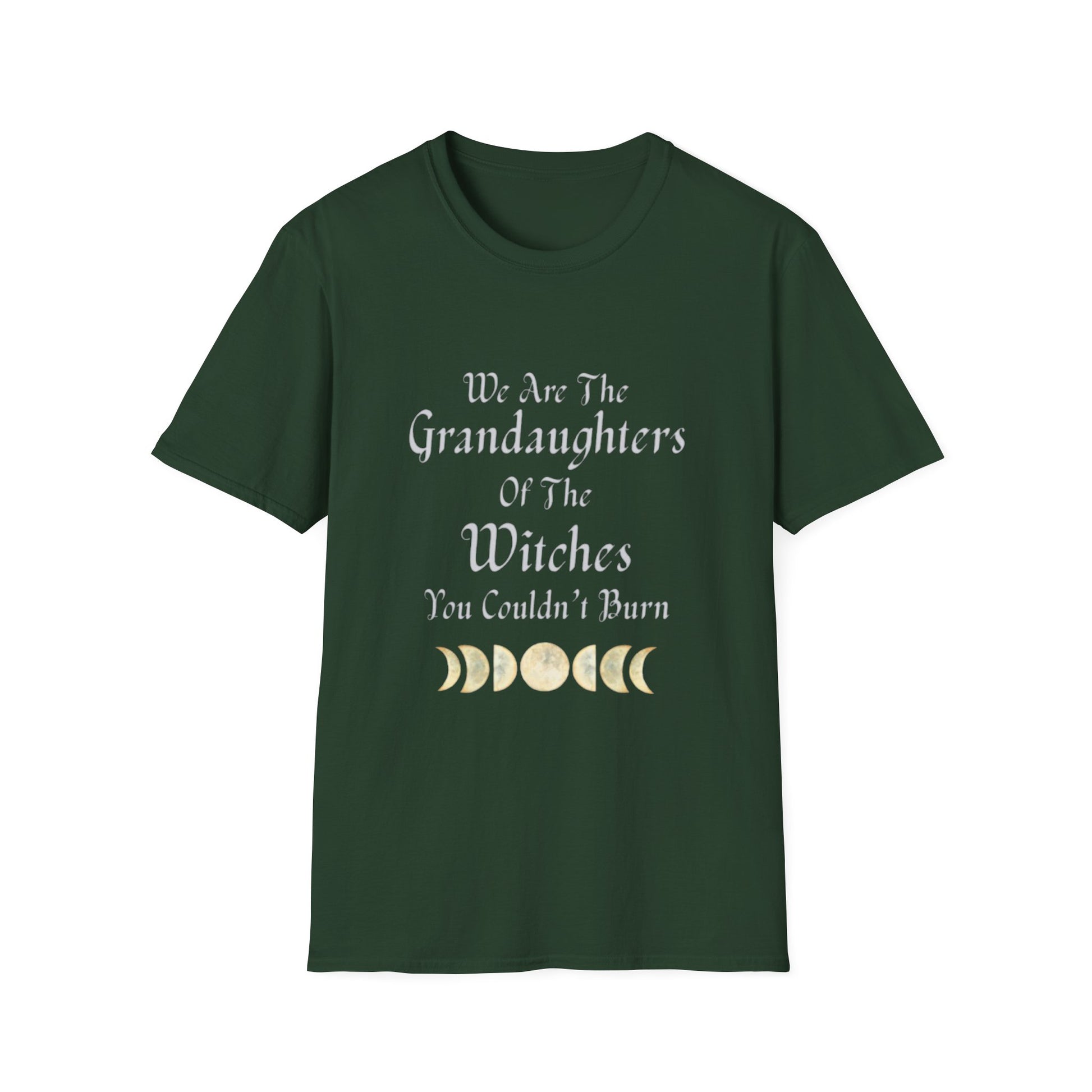Green t-shirt with text and moon phases on a white background