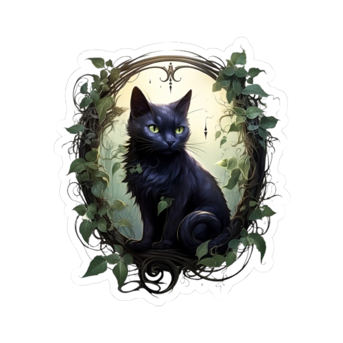Black cat with green eyes in a decorative frame surrounded by leaves on a white background