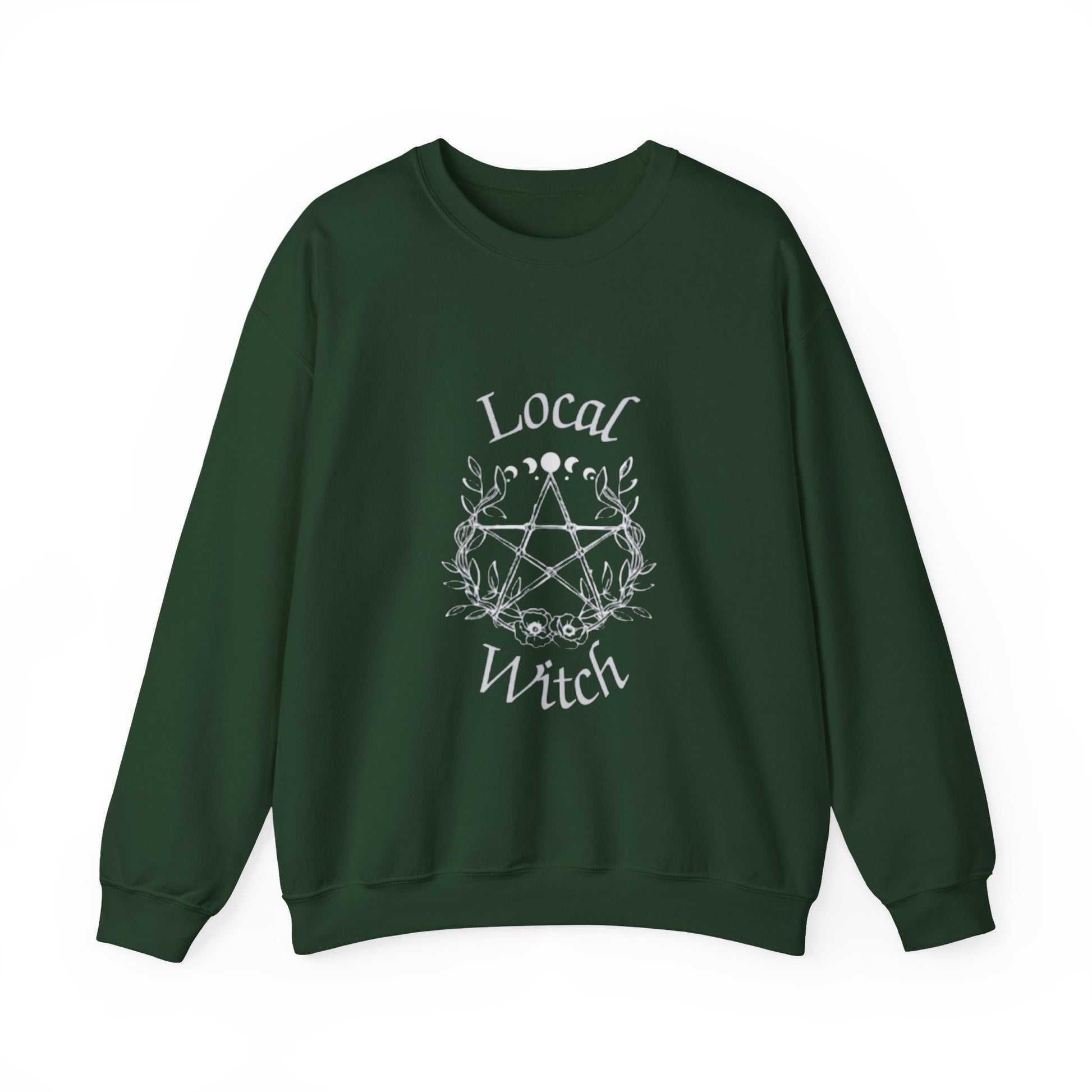 Green sweatshirt with 'Local Witch' text and pentacle design on a white background