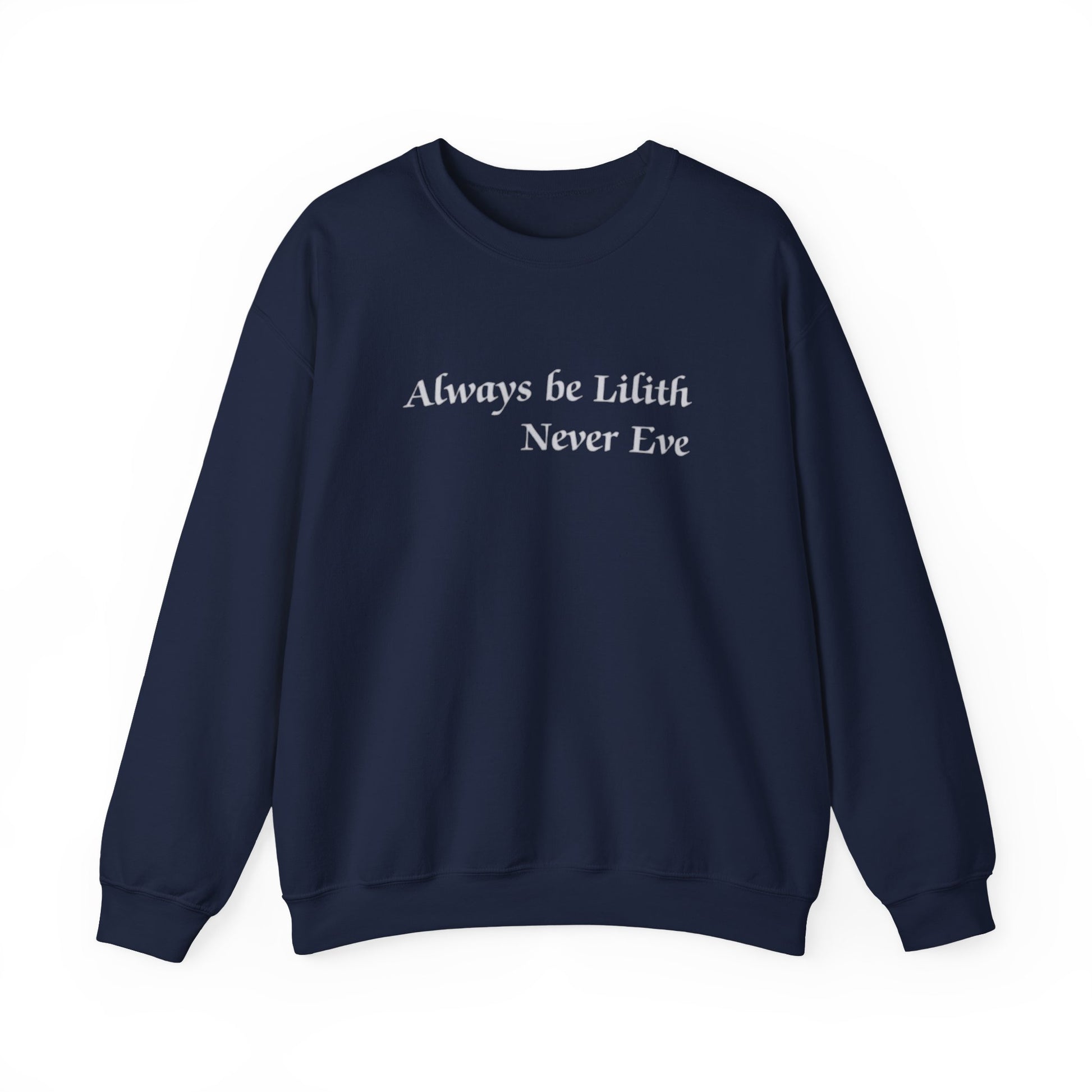 Navy blue sweatshirt with white text on a white background