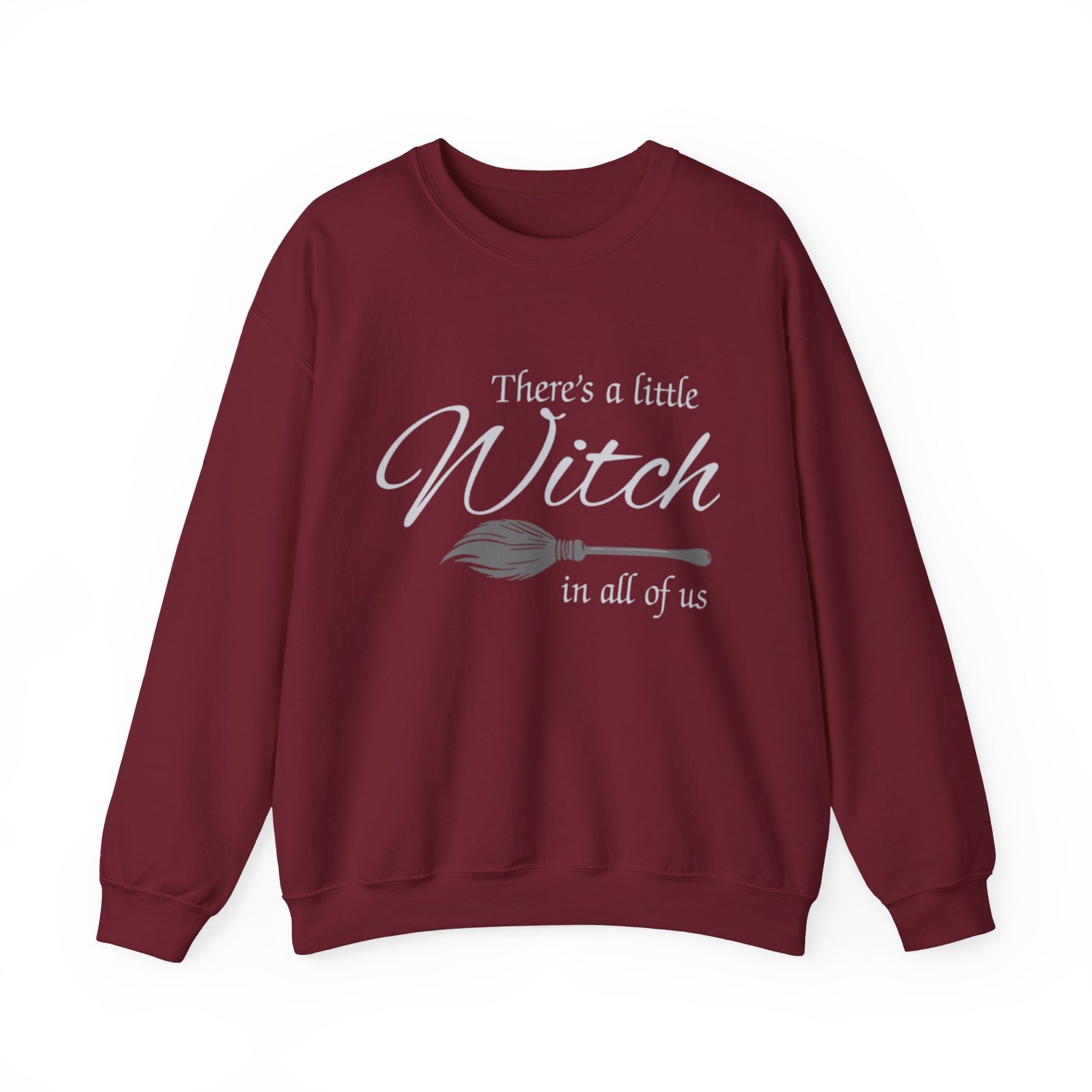 Maroon sweatshirt with white text and broom graphic on a white background