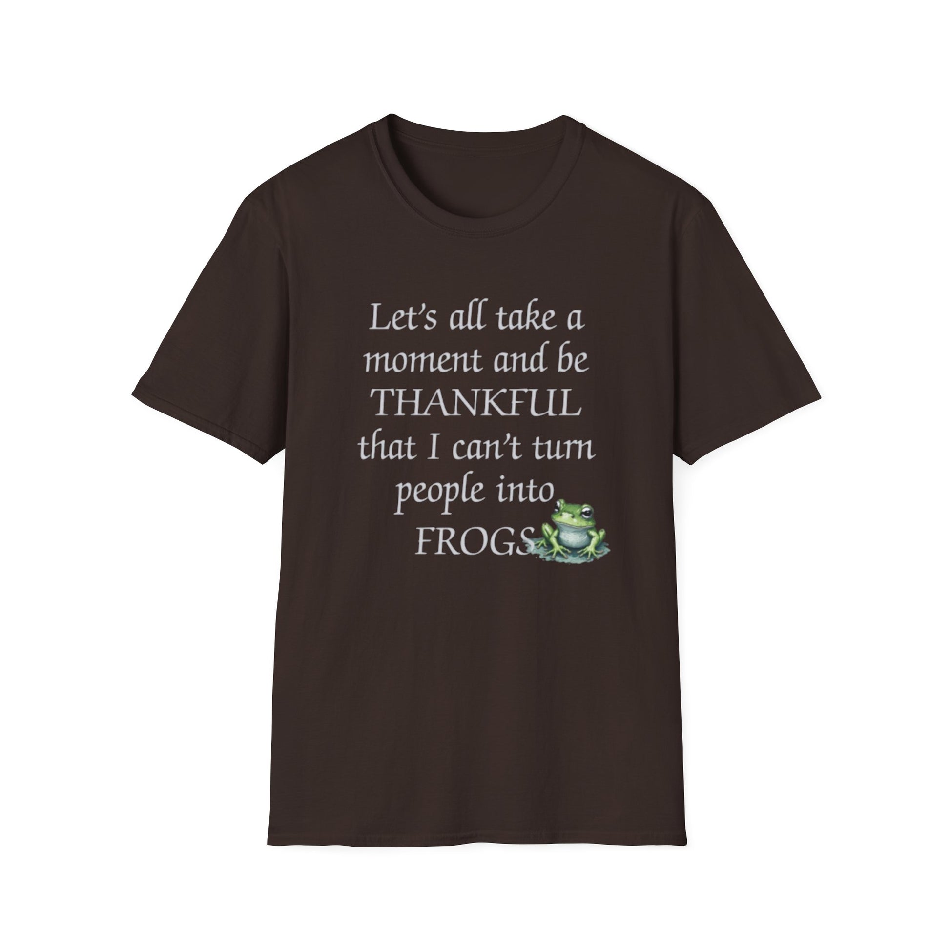 Brown t-shirt with humorous text and frog graphic on a white background