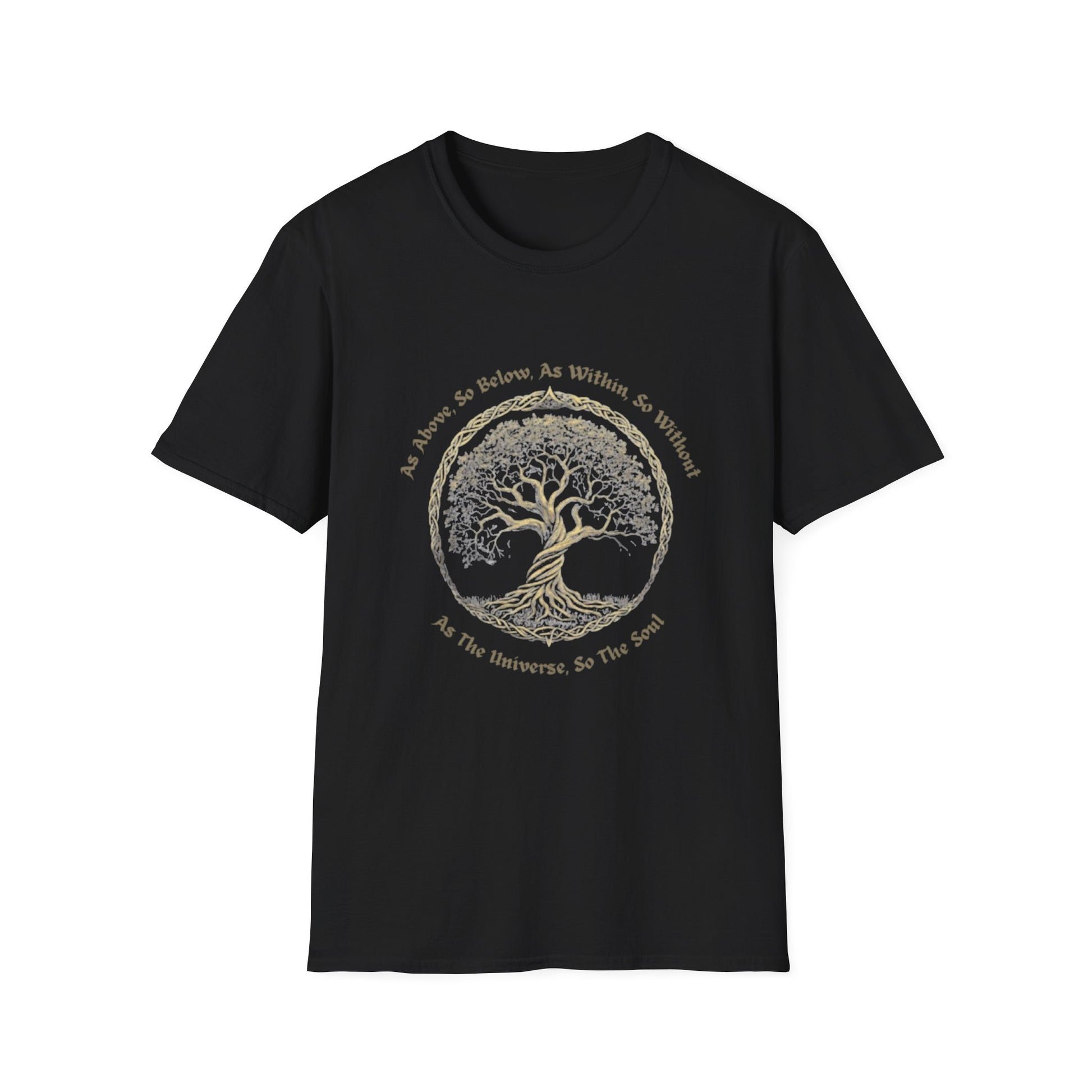 As Above, So Below, As Within, So Without T-Shirt with sacred tree design and spiritual Hermetic quote on black fabric.