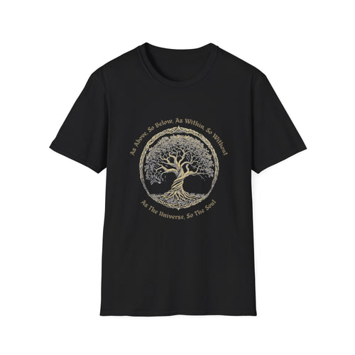 As Above, So Below, As Within, So Without T-Shirt with sacred tree design and spiritual Hermetic quote on black fabric.