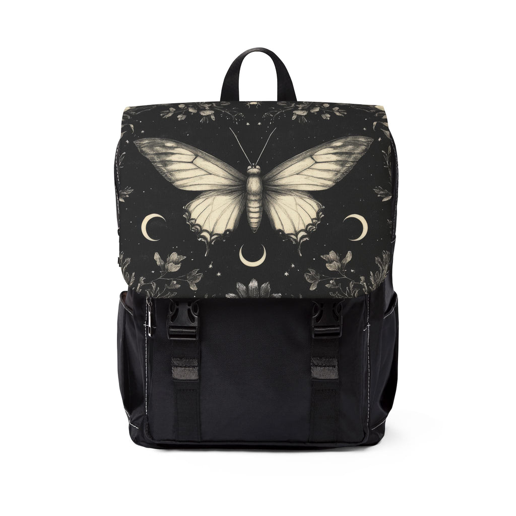 a black bag pack with a butterfly imprinted on it