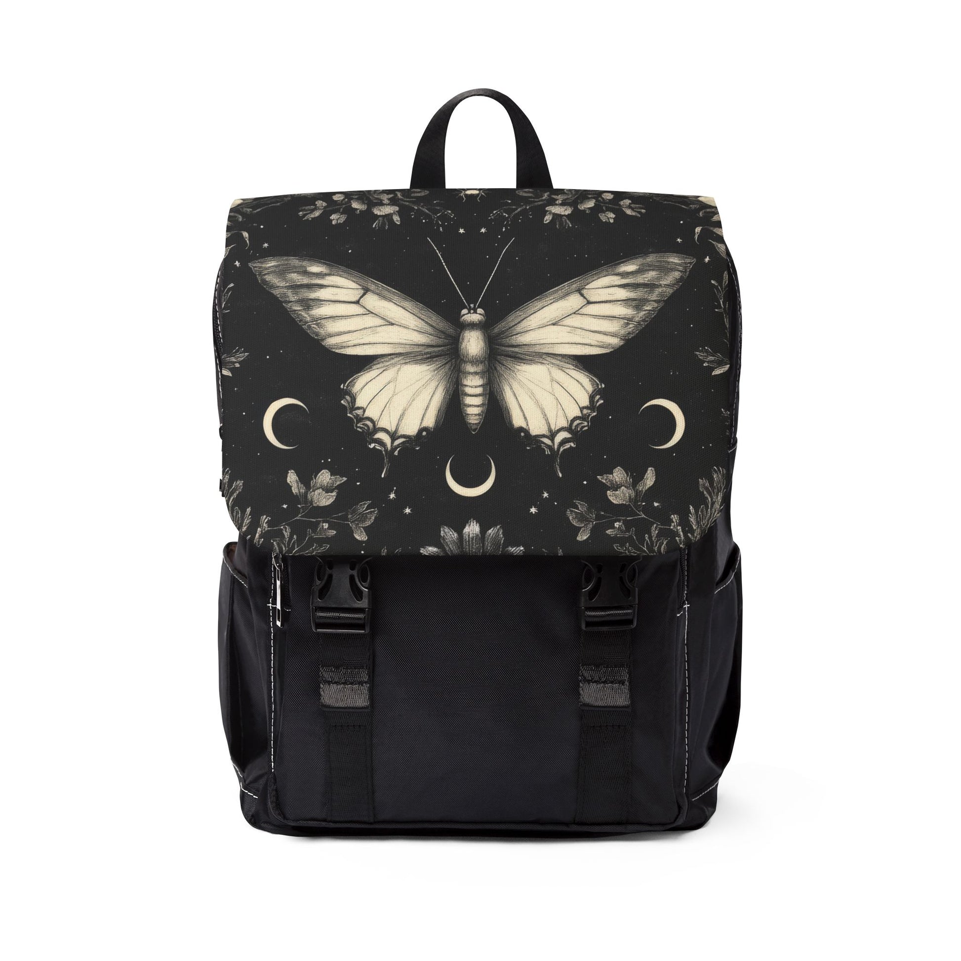 a black bag pack with a butterfly imprinted on it