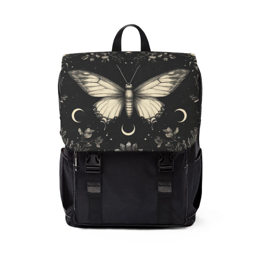 a black bag pack with a butterfly imprinted on it