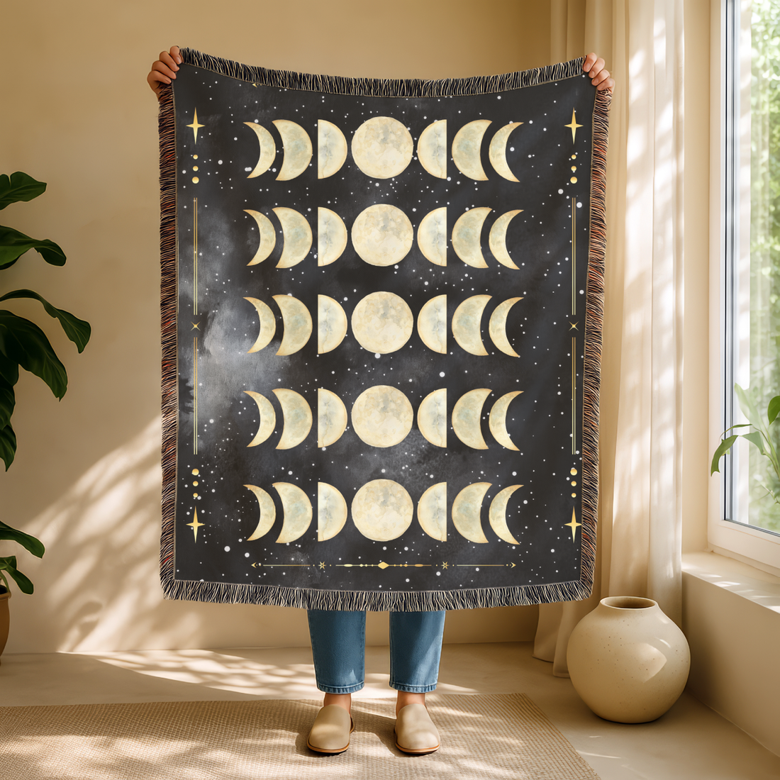 Celestial Lunar Phase Cotton Woven Blanket