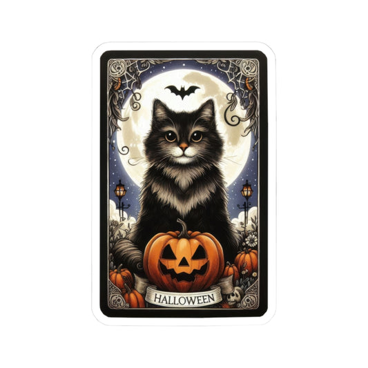 Halloween Cat Tarot Card Sticker featuring a black cat with pumpkins and a full moon in a spooky tarot design.