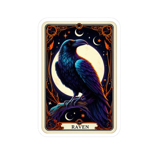 Card featuring a raven with a moon and star design on a white background