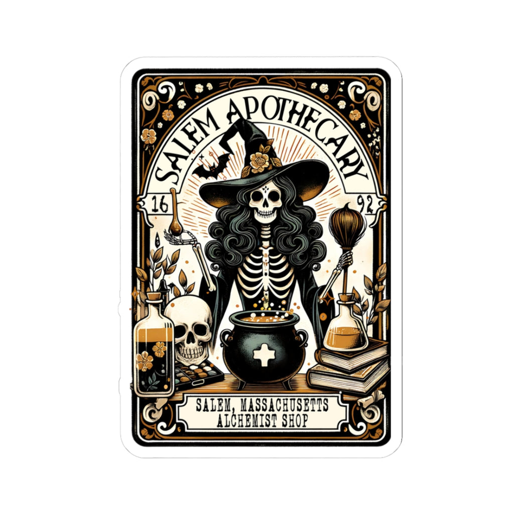 Salem Apothecary label with skeleton in witch hat and potion bottles on a white background