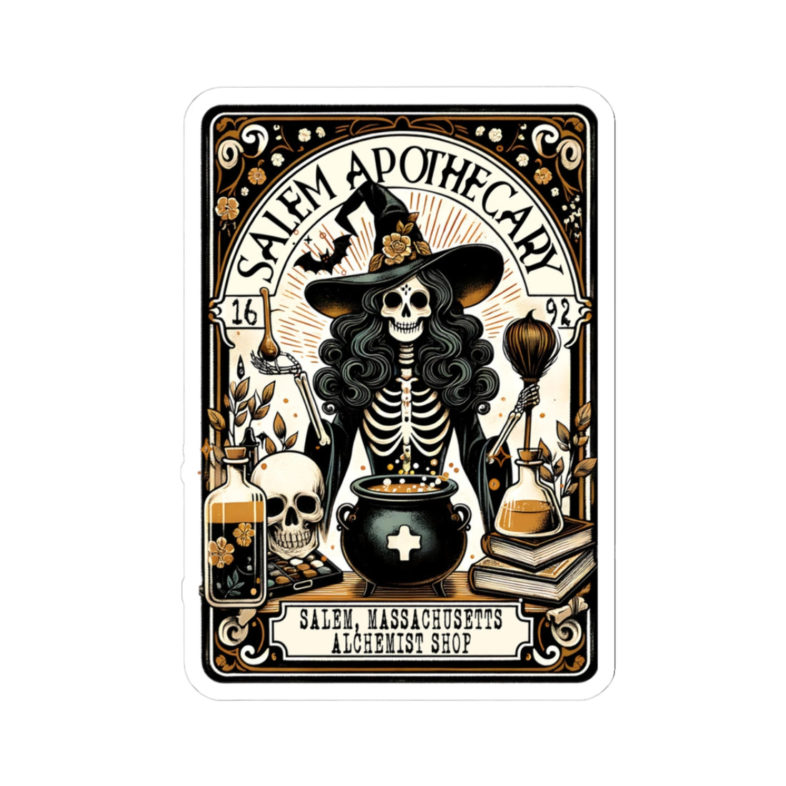 Salem Apothecary label with skeleton in witch hat and potion bottles on a white background