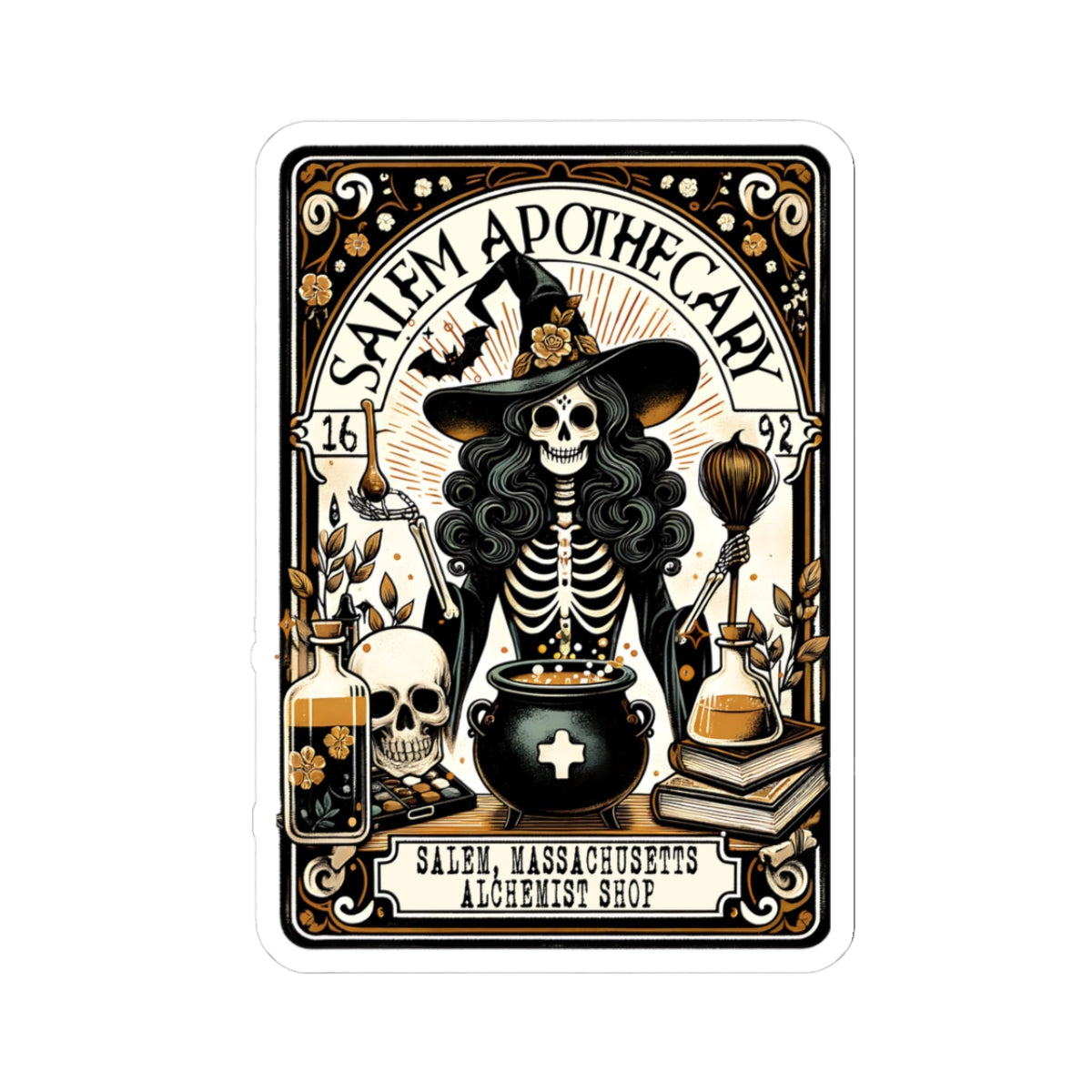 Salem Apothecary label with skeleton in witch hat and potion bottles on a white background