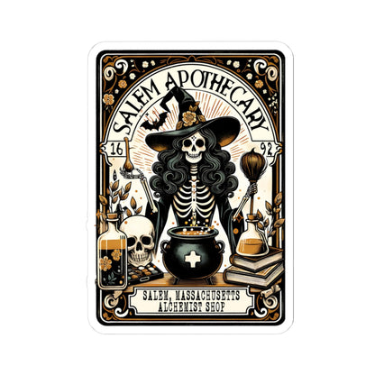 Salem Apothecary label with skeleton in witch hat and potion bottles on a white background