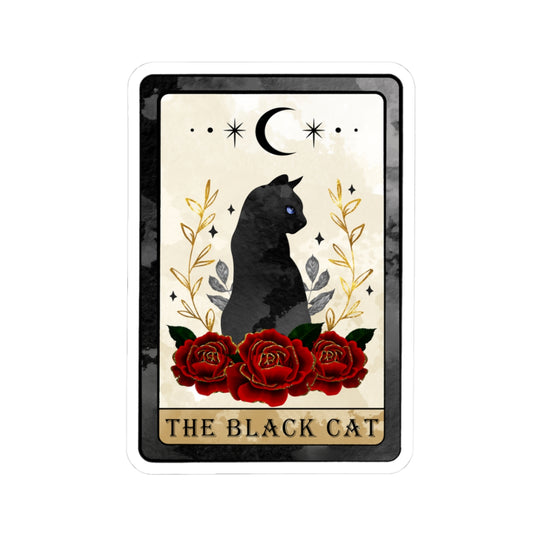 Card featuring a black cat and red roses with decorative elements on a white background