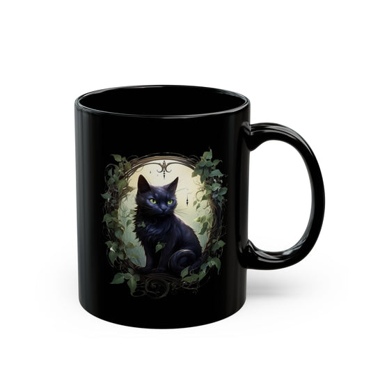 Black mug with a black cat design on a white background