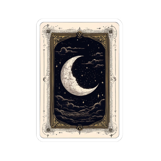 Card with a stylized moon and clouds on a beige border